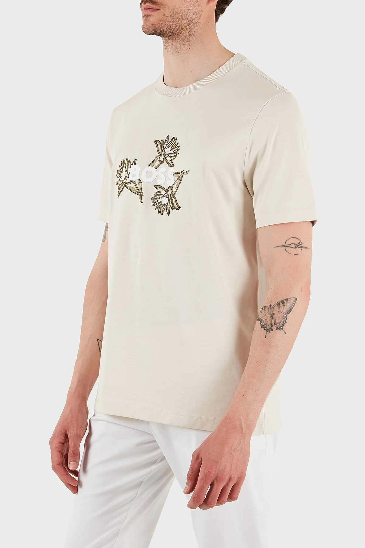 Boss Pamuklu İşleme Detaylı Regular Fit Bisiklet Yaka Erkek T Shirt 50536796 131 BEJ - 4