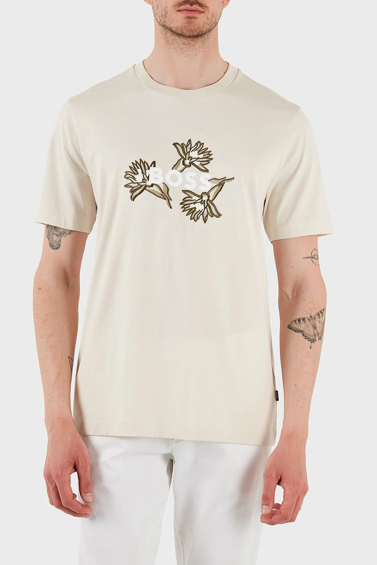 Boss Pamuklu İşleme Detaylı Regular Fit Bisiklet Yaka Erkek T Shirt 50536796 131 BEJ - 1