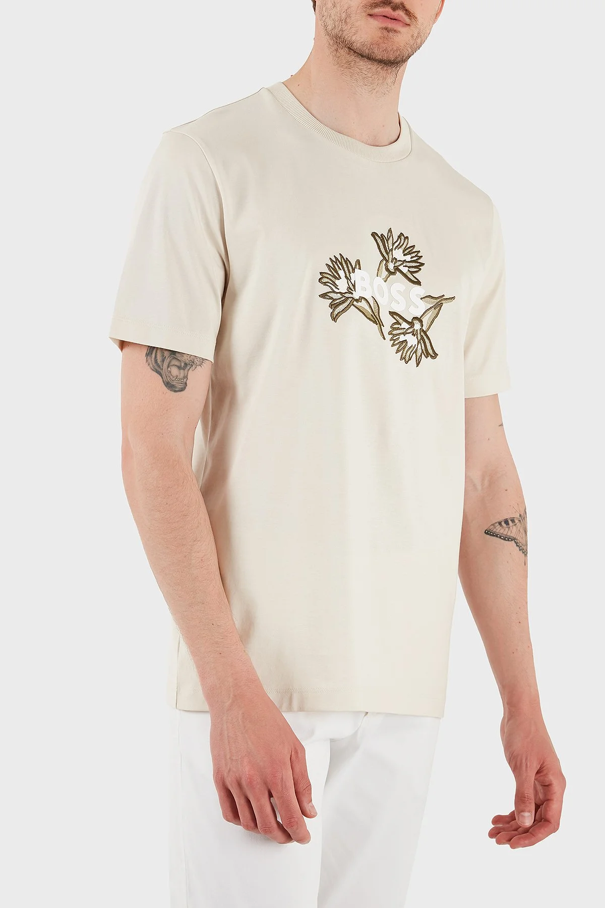 Boss Pamuklu İşleme Detaylı Regular Fit Bisiklet Yaka Erkek T Shirt 50536796 131 BEJ - 3