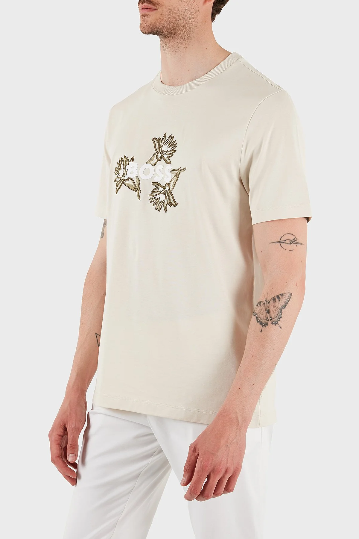 Boss Pamuklu İşleme Detaylı Regular Fit Bisiklet Yaka Erkek T Shirt 50536796 131 BEJ - 4