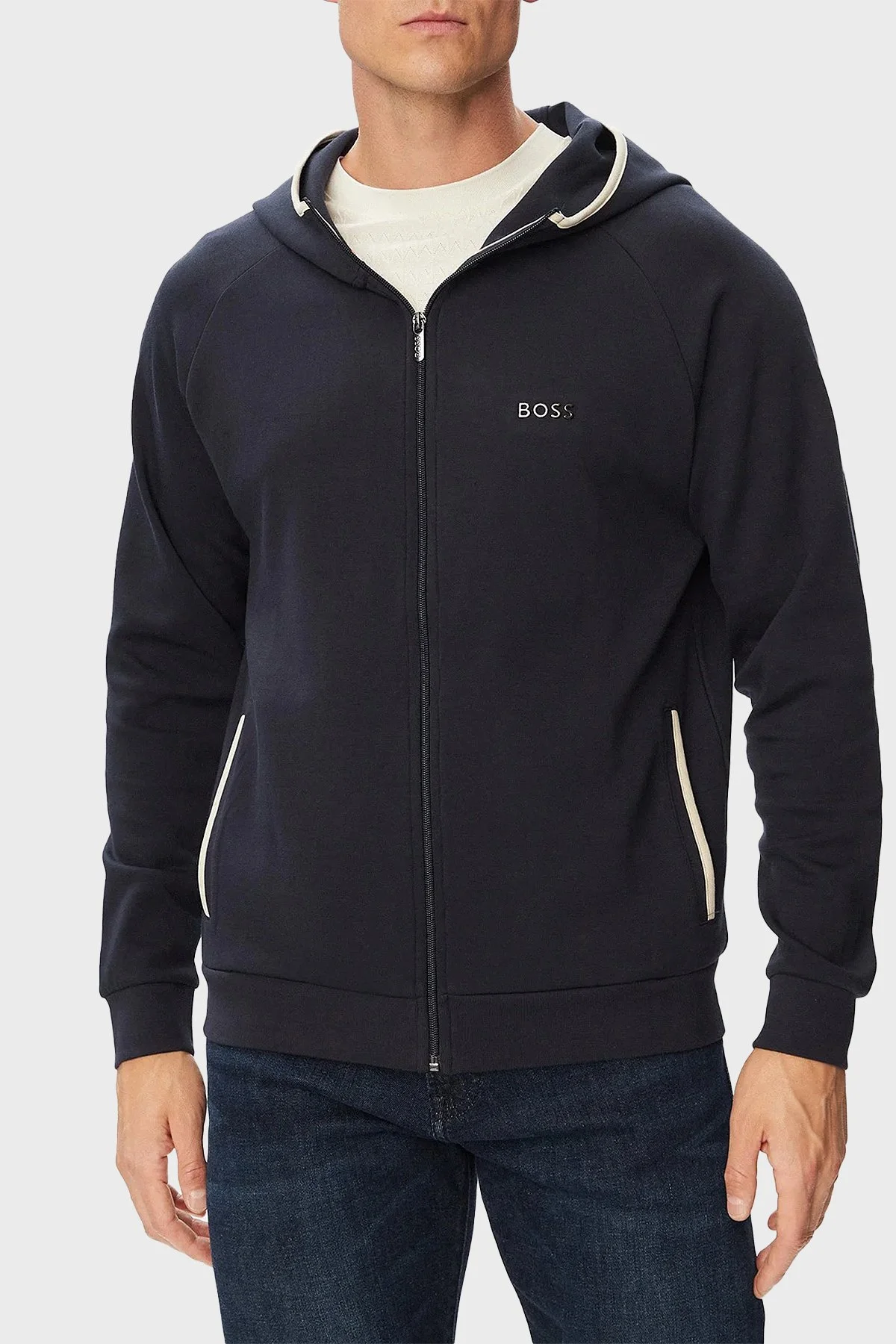 Boss Pamuklu Kapüşonlu Yaka Fermuarlı Erkek Sweat 50566916 403 Lacivert - 1