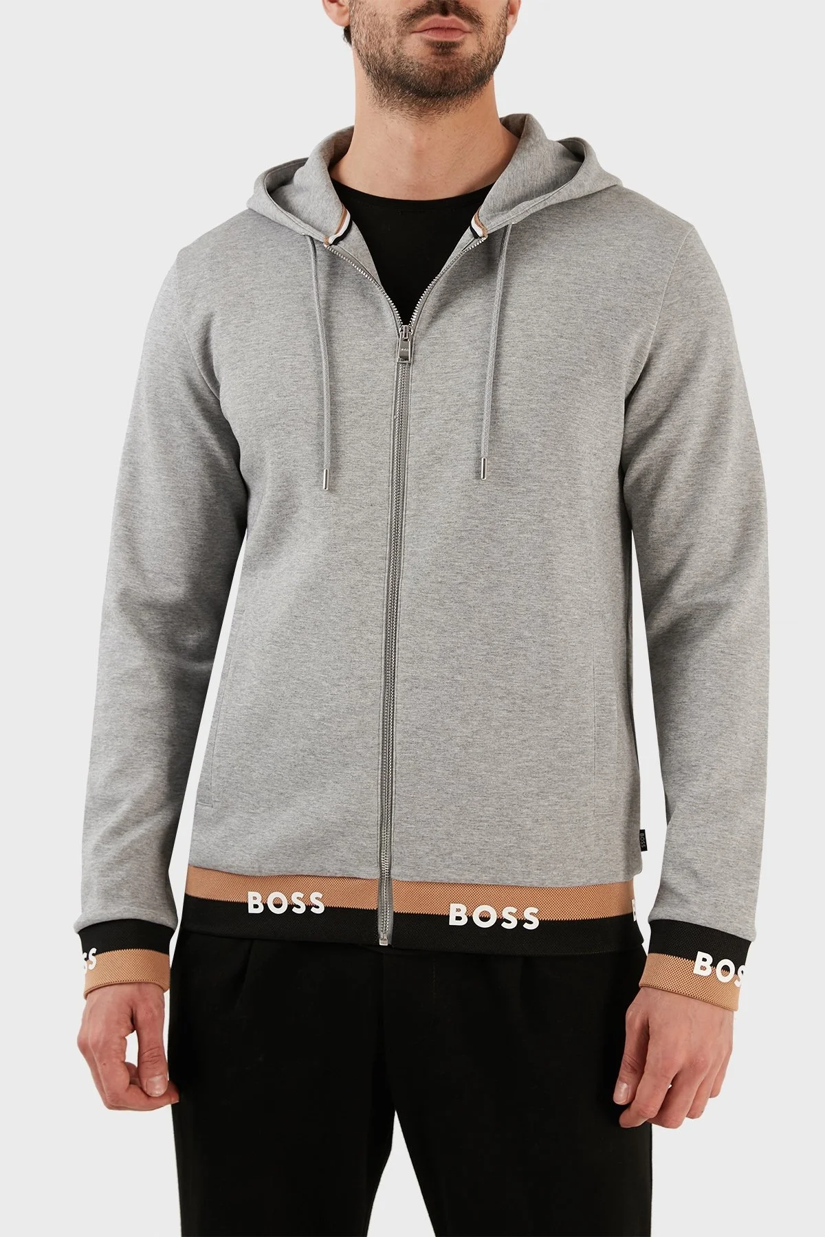 Boss Pamuklu Logo Manşetli Fermuarlı Kapüşonlu Erkek Sweat 50481761 041 GRİ - 1