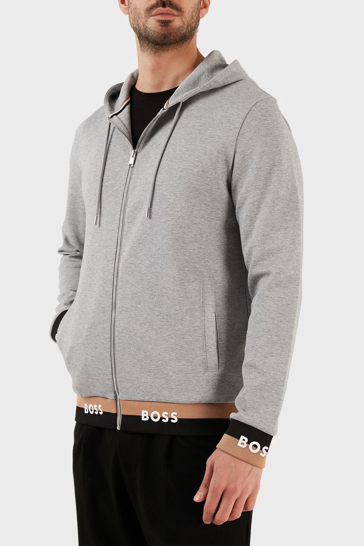 Boss Pamuklu Logo Manşetli Fermuarlı Kapüşonlu Erkek Sweat 50481761 041 GRİ - 2