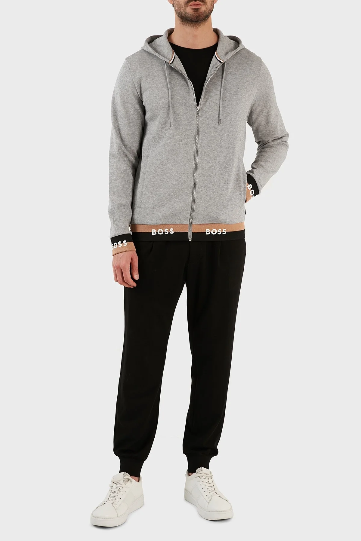 Boss Pamuklu Logo Manşetli Fermuarlı Kapüşonlu Erkek Sweat 50481761 041 GRİ - 3