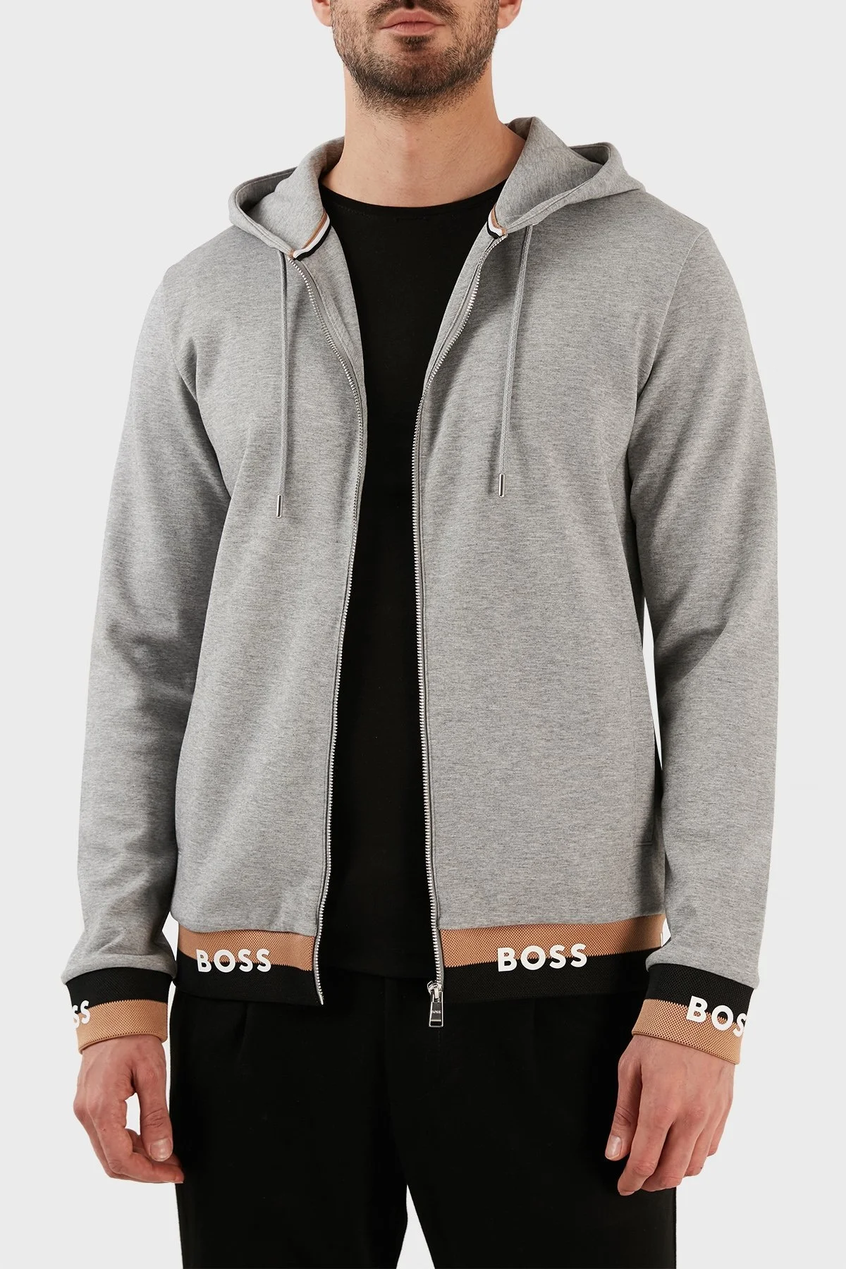 Boss Pamuklu Logo Manşetli Fermuarlı Kapüşonlu Erkek Sweat 50481761 041 GRİ - 4
