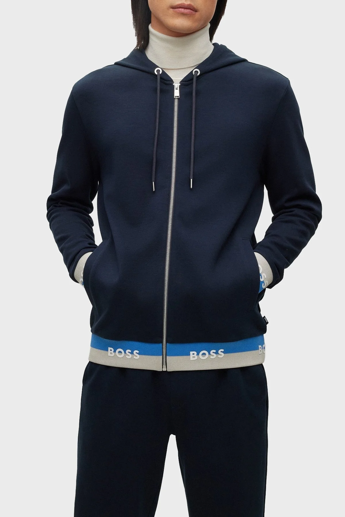 Boss Pamuklu Logo Manşetli Fermuarlı Kapüşonlu Erkek Sweat 50481761 404 LACİVERT - 1