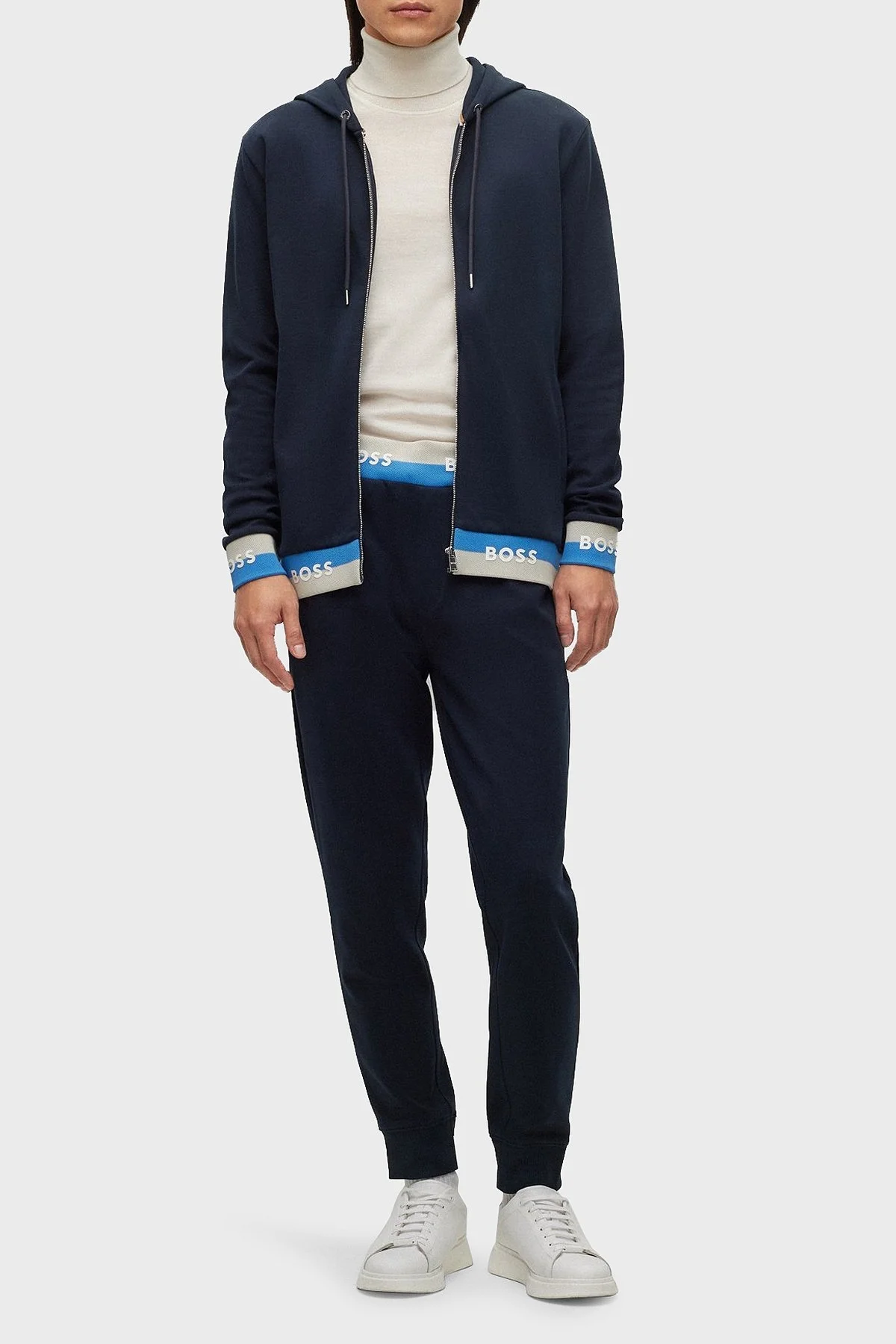 Boss Pamuklu Logo Manşetli Fermuarlı Kapüşonlu Erkek Sweat 50481761 404 LACİVERT - 2