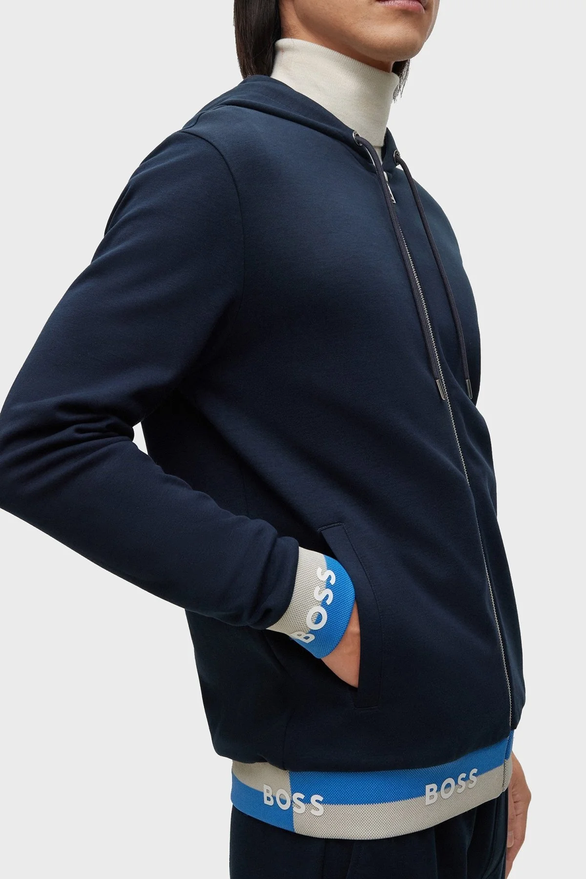 Boss Pamuklu Logo Manşetli Fermuarlı Kapüşonlu Erkek Sweat 50481761 404 LACİVERT - 4