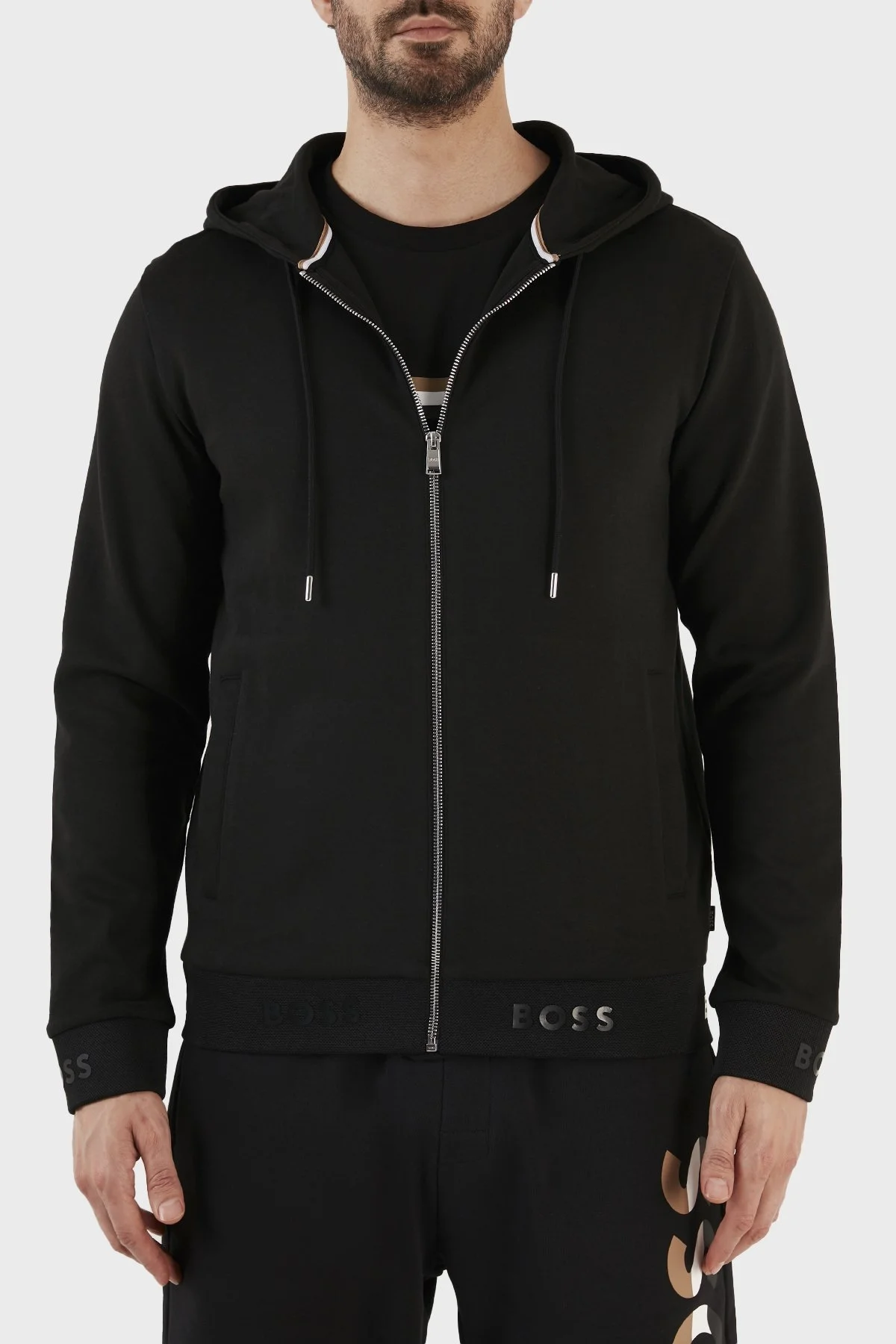 Boss Pamuklu Logo Manşetli Regular Fit Fermuarlı Kapüşonlu Erkek Sweat 50481761 001 SİYAH - 1