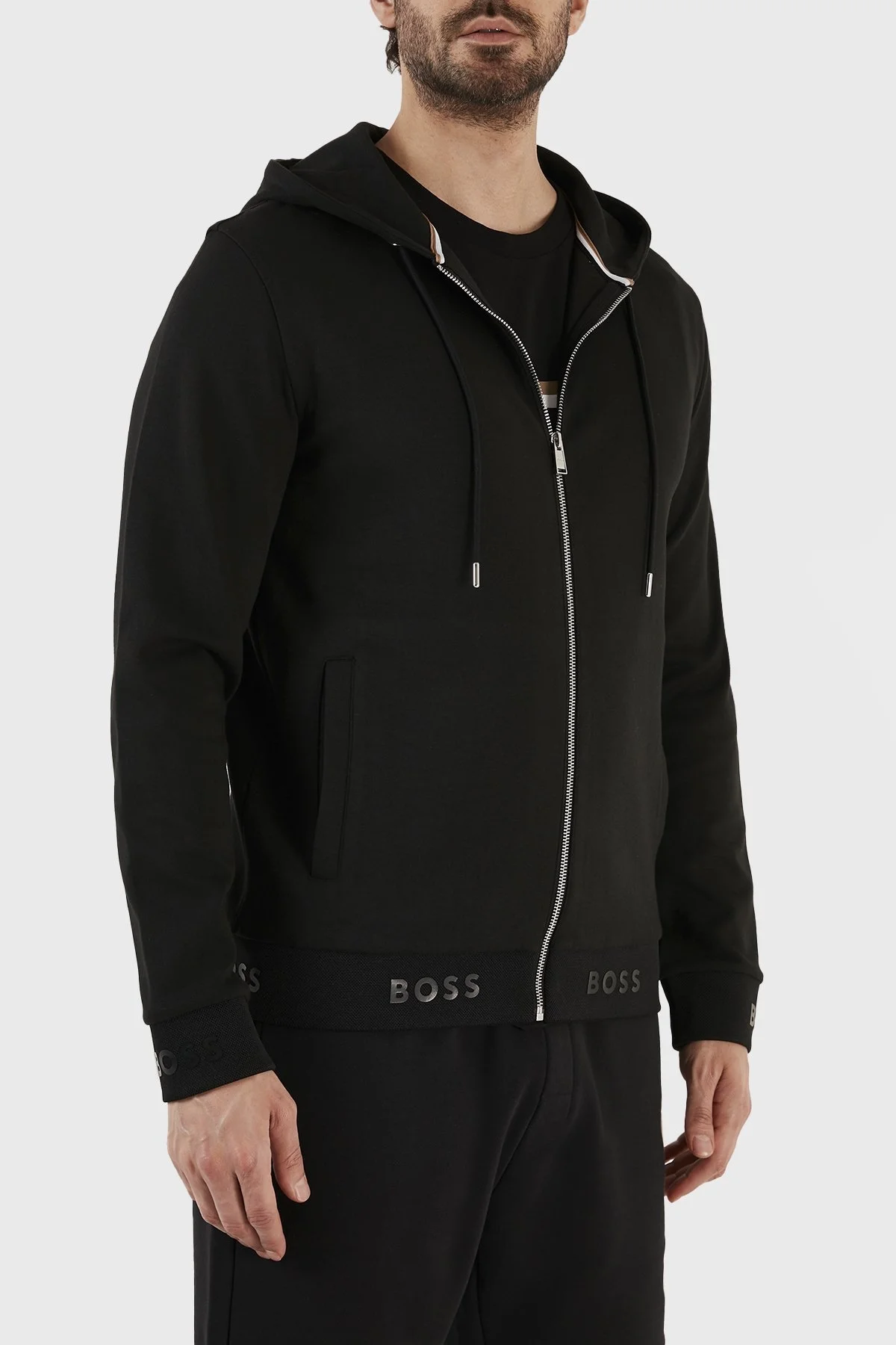 Boss Pamuklu Logo Manşetli Regular Fit Fermuarlı Kapüşonlu Erkek Sweat 50481761 001 SİYAH - 2