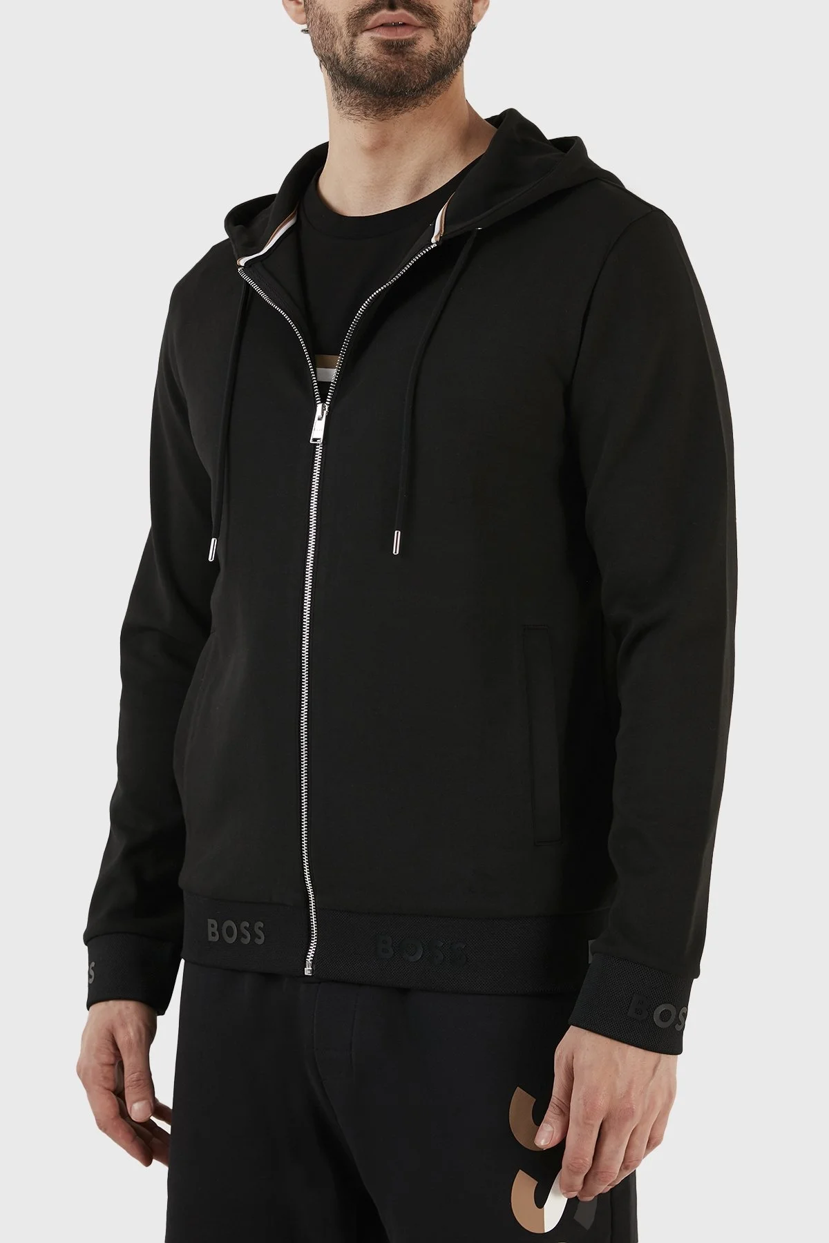 Boss Pamuklu Logo Manşetli Regular Fit Fermuarlı Kapüşonlu Erkek Sweat 50481761 001 SİYAH - 3