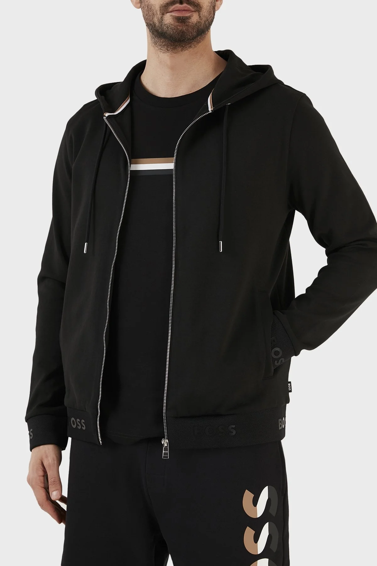 Boss Pamuklu Logo Manşetli Regular Fit Fermuarlı Kapüşonlu Erkek Sweat 50481761 001 SİYAH - 4