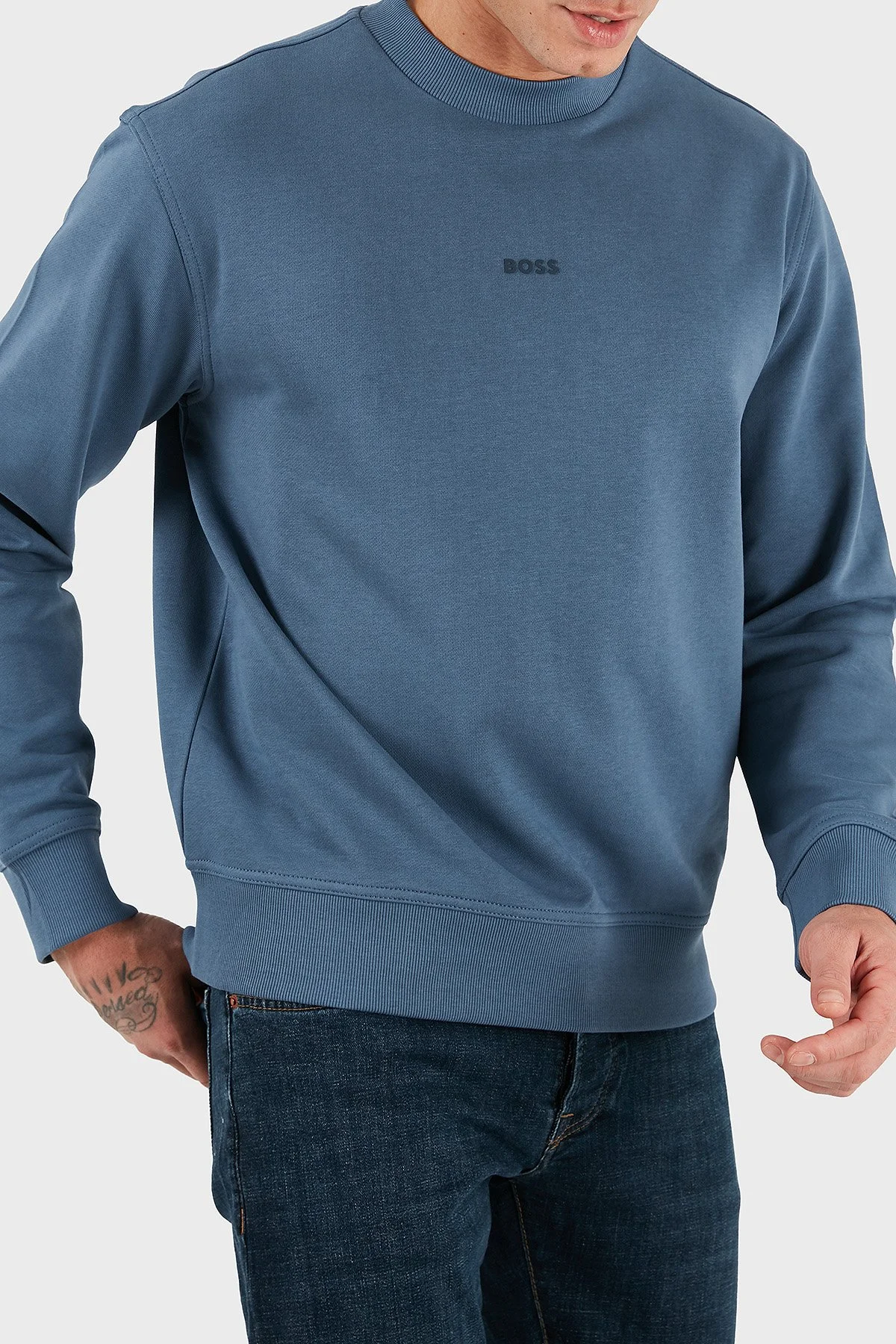 Boss Pamuklu Logolu Relaxed Fit Bisiklet Yaka Erkek Sweat 50514541 495 MAVİ - 4
