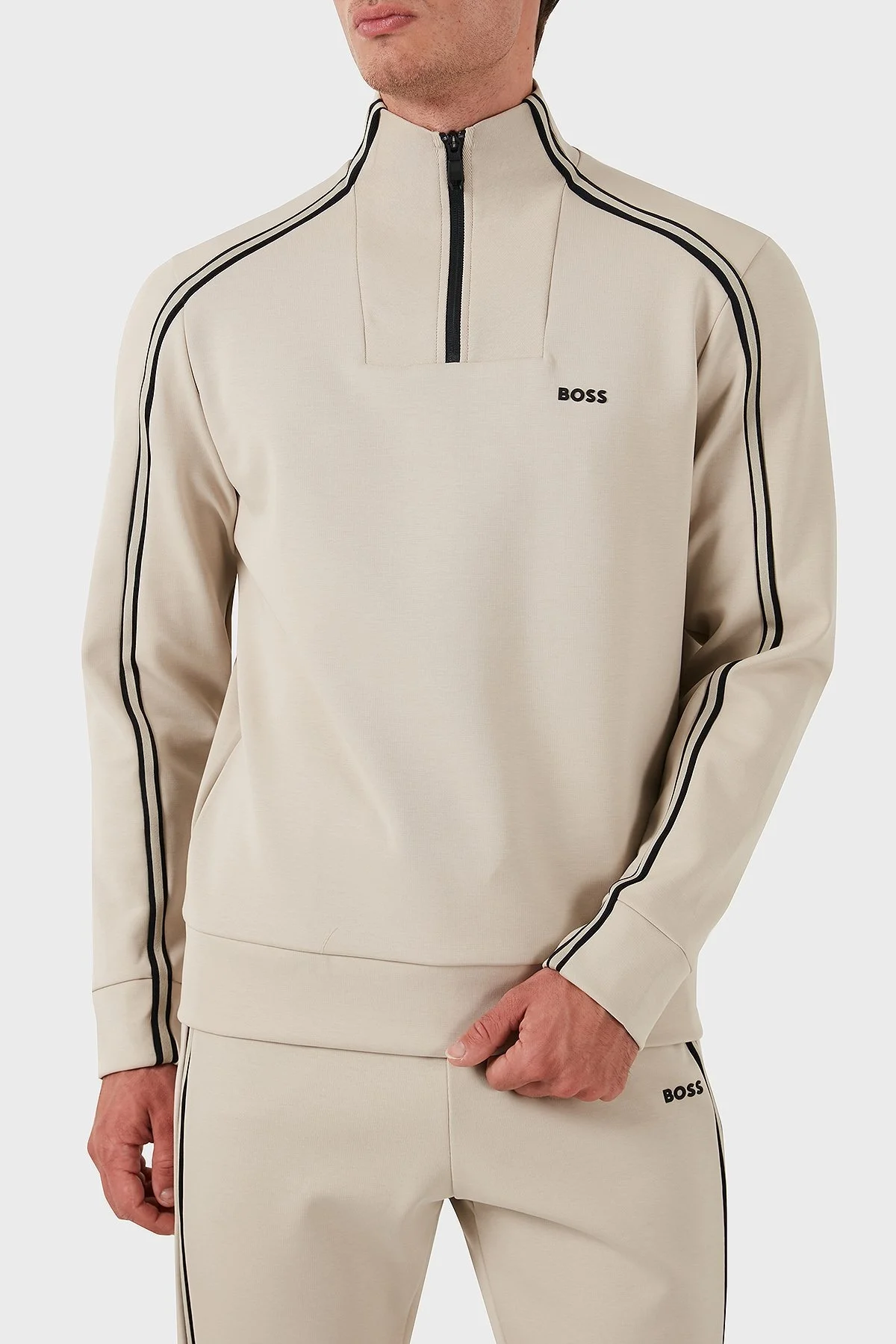 Boss Pamuklu Logolu Slim Fit Yarım Fermuarlı Dik Yaka Erkek Sweat 50523911 271 BEJ - 1