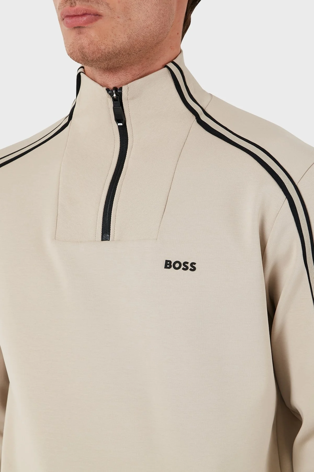 Boss Pamuklu Logolu Slim Fit Yarım Fermuarlı Dik Yaka Erkek Sweat 50523911 271 BEJ - 6