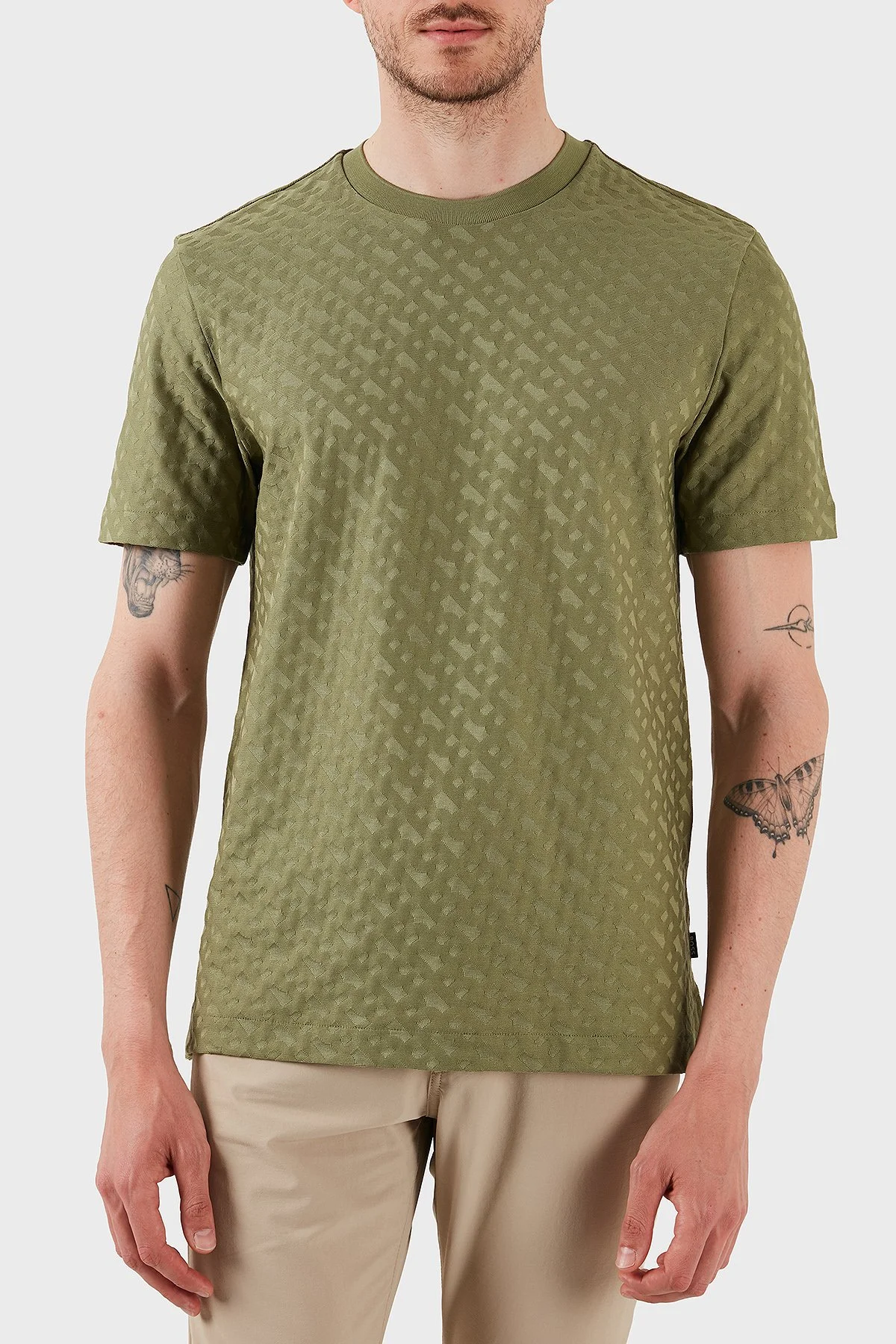 Boss Pamuklu Monogram Logo Baskılı Regular Fit Bisiklet Yaka Erkek T Shirt 50537131 311 AÇIK YEŞİL - 1