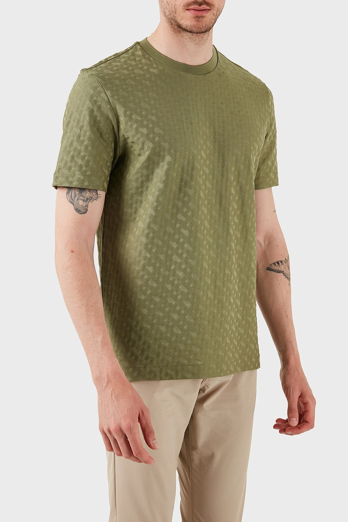Boss Pamuklu Monogram Logo Baskılı Regular Fit Bisiklet Yaka Erkek T Shirt 50537131 311 AÇIK YEŞİL - 4
