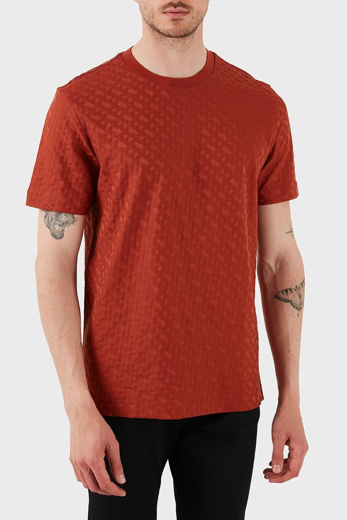 Boss Pamuklu Monogram Logo Baskılı Regular Fit Bisiklet Yaka Erkek T Shirt 50537131 806 KİREMİT - 3