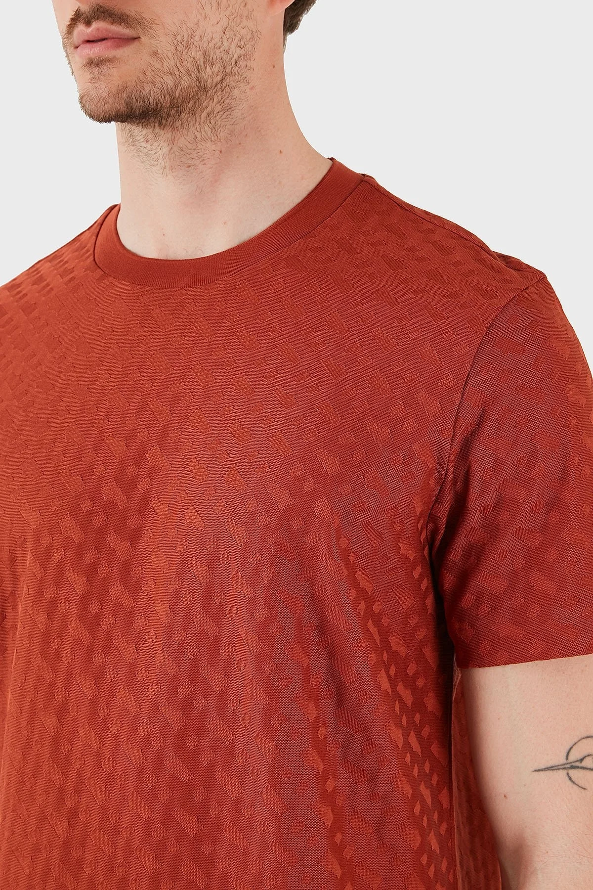 Boss Pamuklu Monogram Logo Baskılı Regular Fit Bisiklet Yaka Erkek T Shirt 50537131 806 KİREMİT - 5