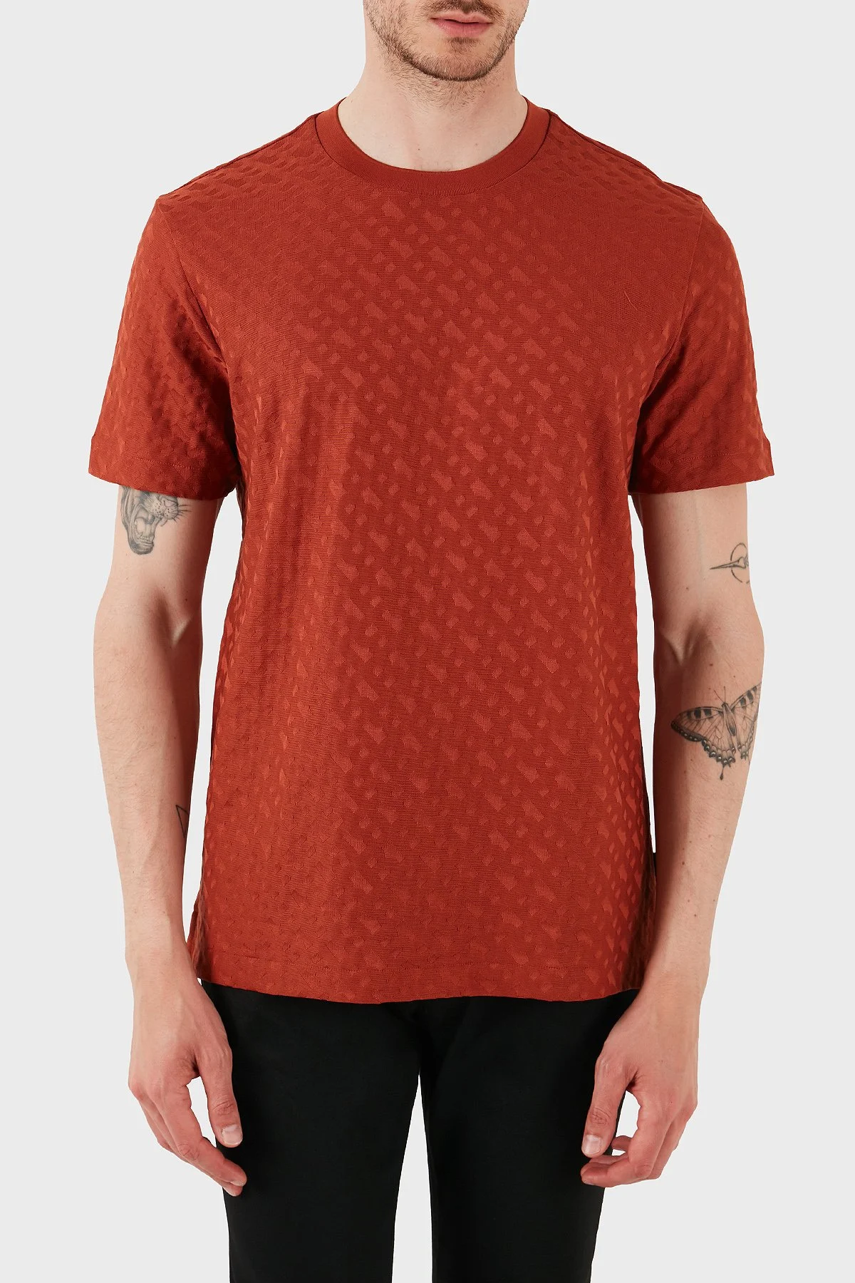 Boss Pamuklu Monogram Logo Baskılı Regular Fit Bisiklet Yaka Erkek T Shirt 50537131 806 KİREMİT - 1