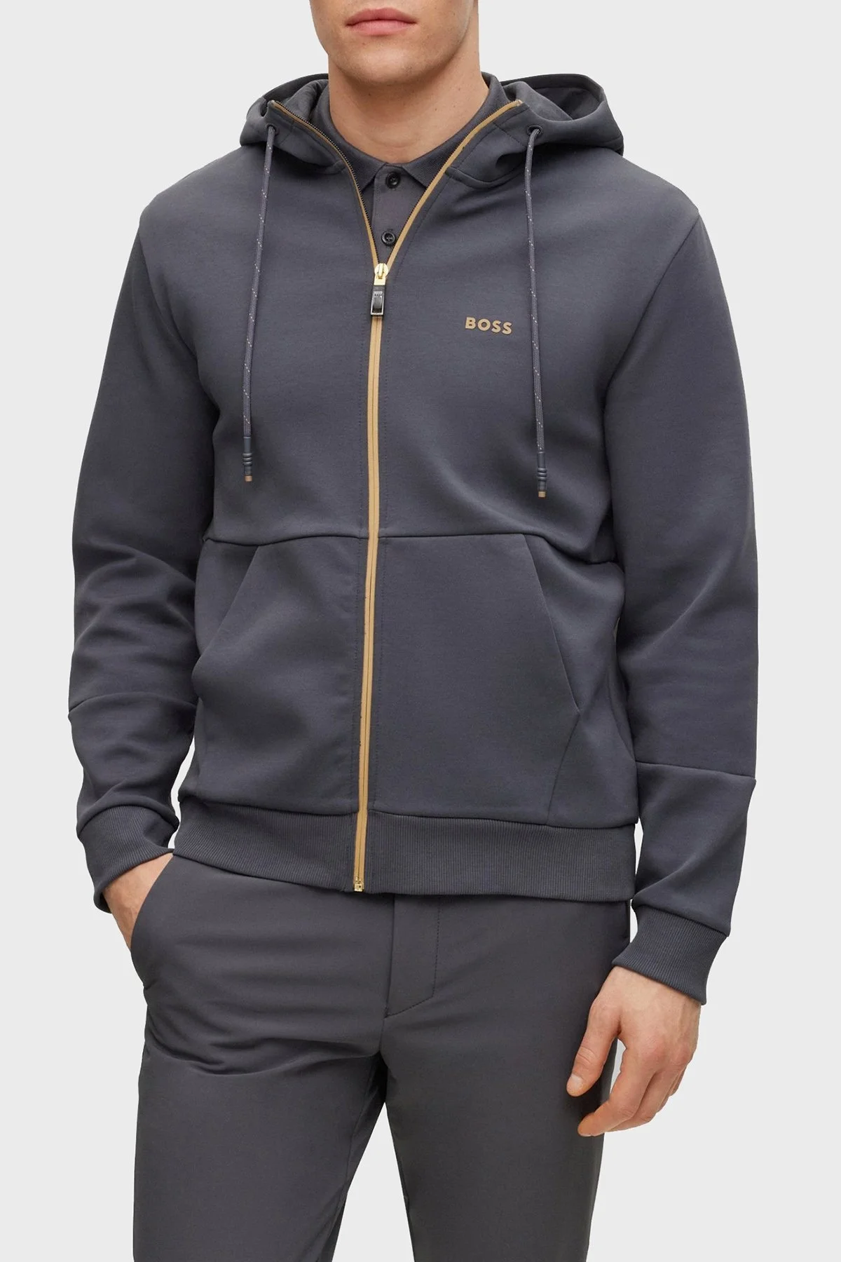 Boss Pamuklu Regular Fit Fermuarlı Kapüşonlu Erkek Sweat 50493495 027 KOYU GRİ - 1