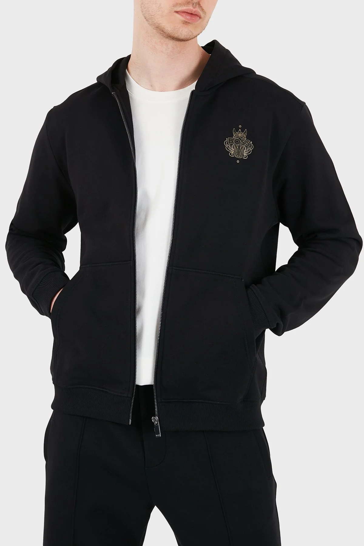 Boss Pamuklu Regular Fit Logolu Fermuarlı Kapüşon Yaka Erkek Sweat 50556427 001 SİYAH - 3