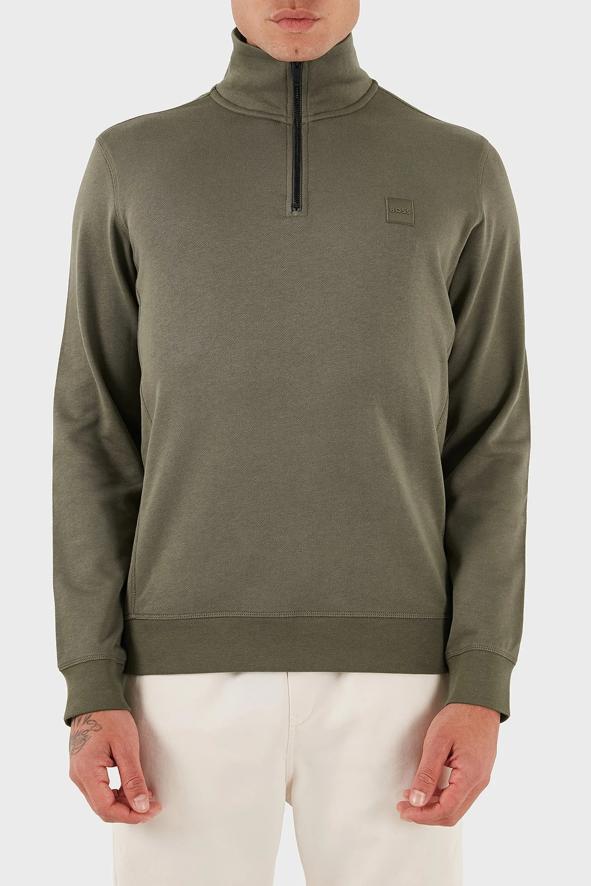 Boss Pamuklu Regular Fit Yarım Fermuarlı Dik Yaka Erkek Sweat 50468926 342 HAKİ - 1