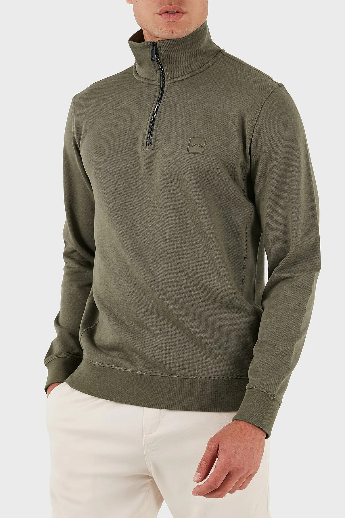 Boss Pamuklu Regular Fit Yarım Fermuarlı Dik Yaka Erkek Sweat 50468926 342 HAKİ - 3