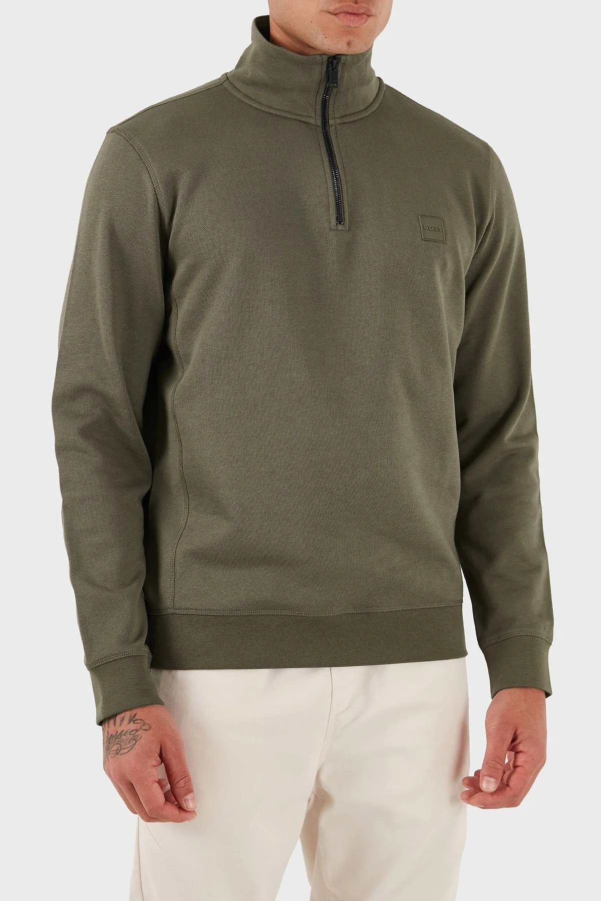Boss Pamuklu Regular Fit Yarım Fermuarlı Dik Yaka Erkek Sweat 50468926 342 HAKİ - 4