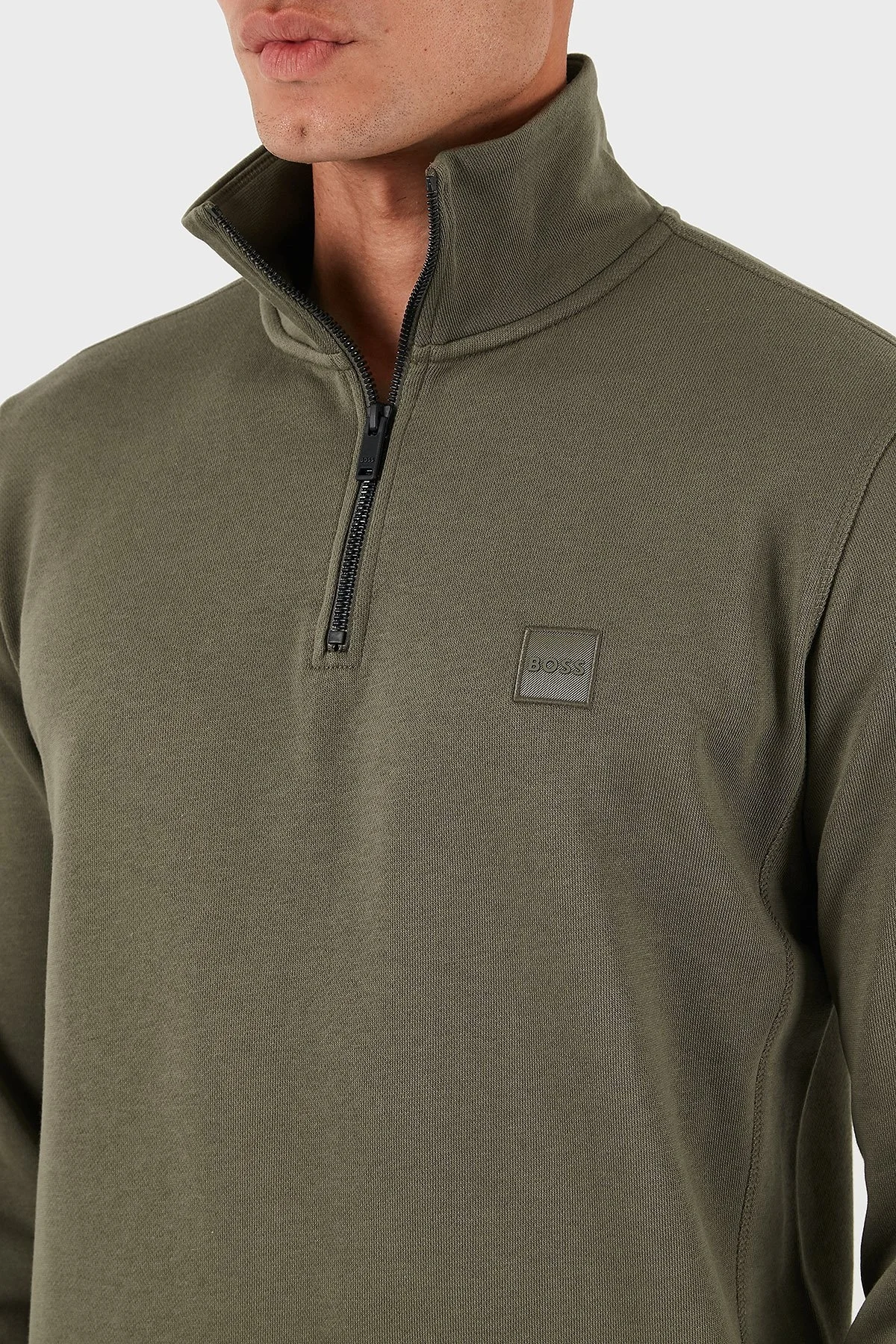 Boss Pamuklu Regular Fit Yarım Fermuarlı Dik Yaka Erkek Sweat 50468926 342 HAKİ - 5