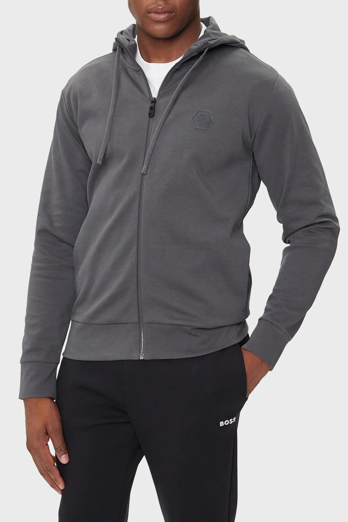 Boss Pamuklu Relaxed Fit Kapüşonlu Fermuarlı Erkek Sweat 50545581 027 KOYU GRİ - 1