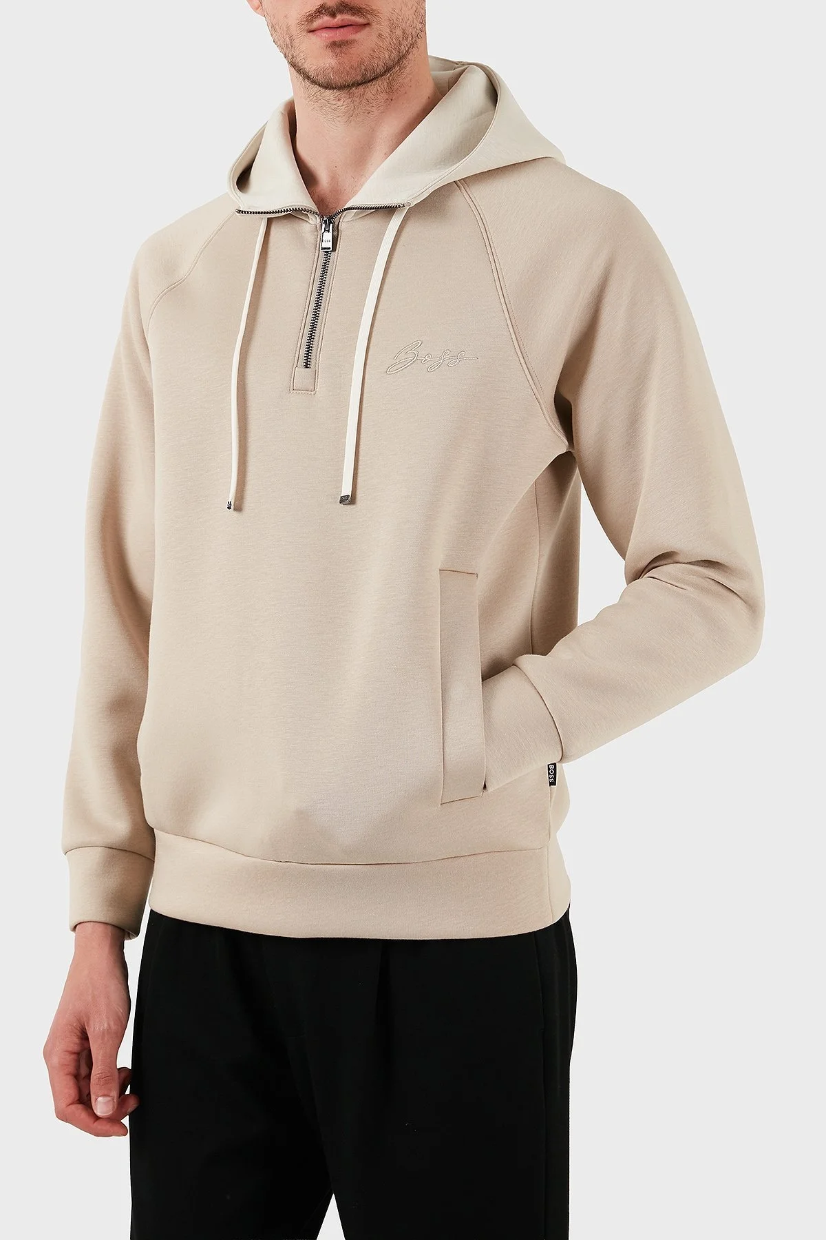 Boss Pamuklu Relaxed Fit Yarım Fermuarlı Kapüşonlu Yaka Erkek Sweat 50531360 275 BEJ - 3