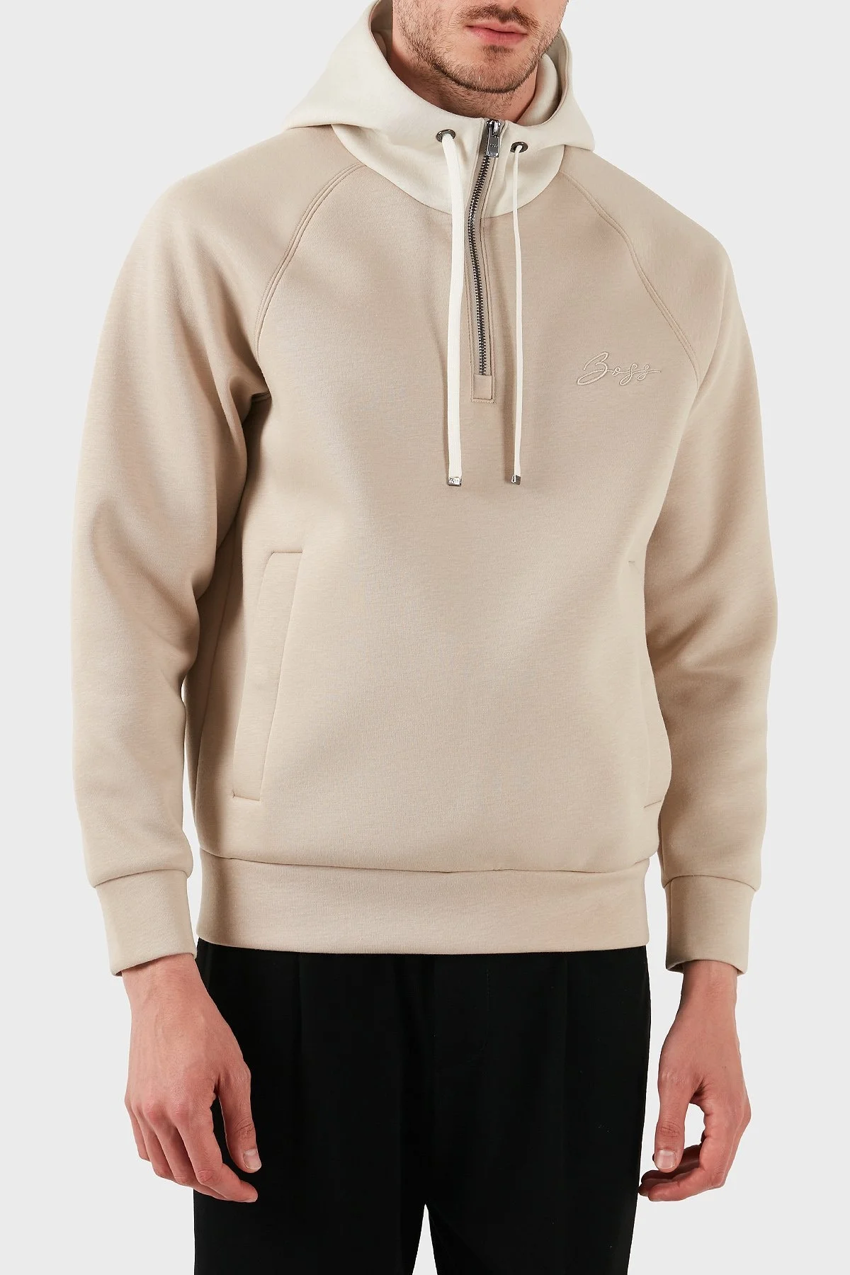 Boss Pamuklu Relaxed Fit Yarım Fermuarlı Kapüşonlu Yaka Erkek Sweat 50531360 275 BEJ - 4