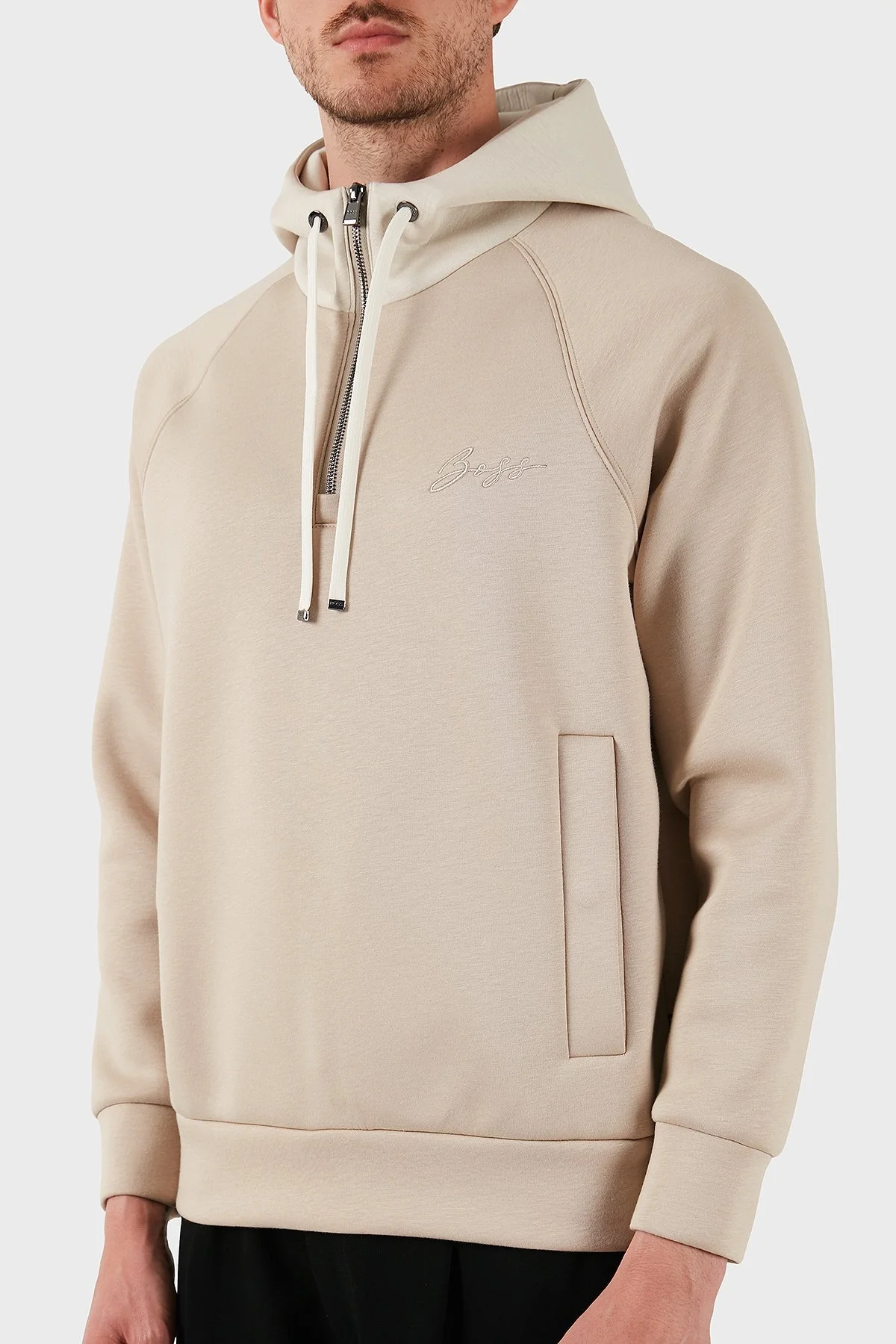 Boss Pamuklu Relaxed Fit Yarım Fermuarlı Kapüşonlu Yaka Erkek Sweat 50531360 275 BEJ - 5