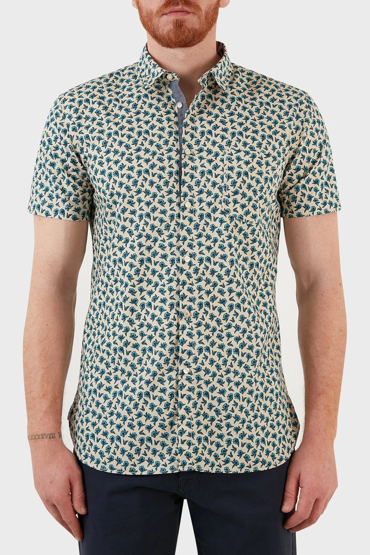 Boss Pamuklu Slim Fit Desenli Erkek Gömlek 50467446 132 MAVİ-BEJ - 1