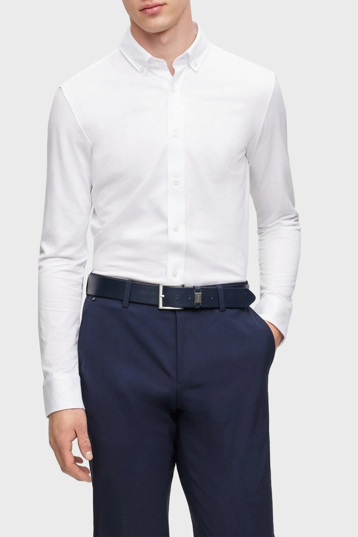 Boss Pamuklu Slim Fit Düğmeli Yaka Streç Gabardin Erkek Gömlek 50490349 100 BEYAZ - 1