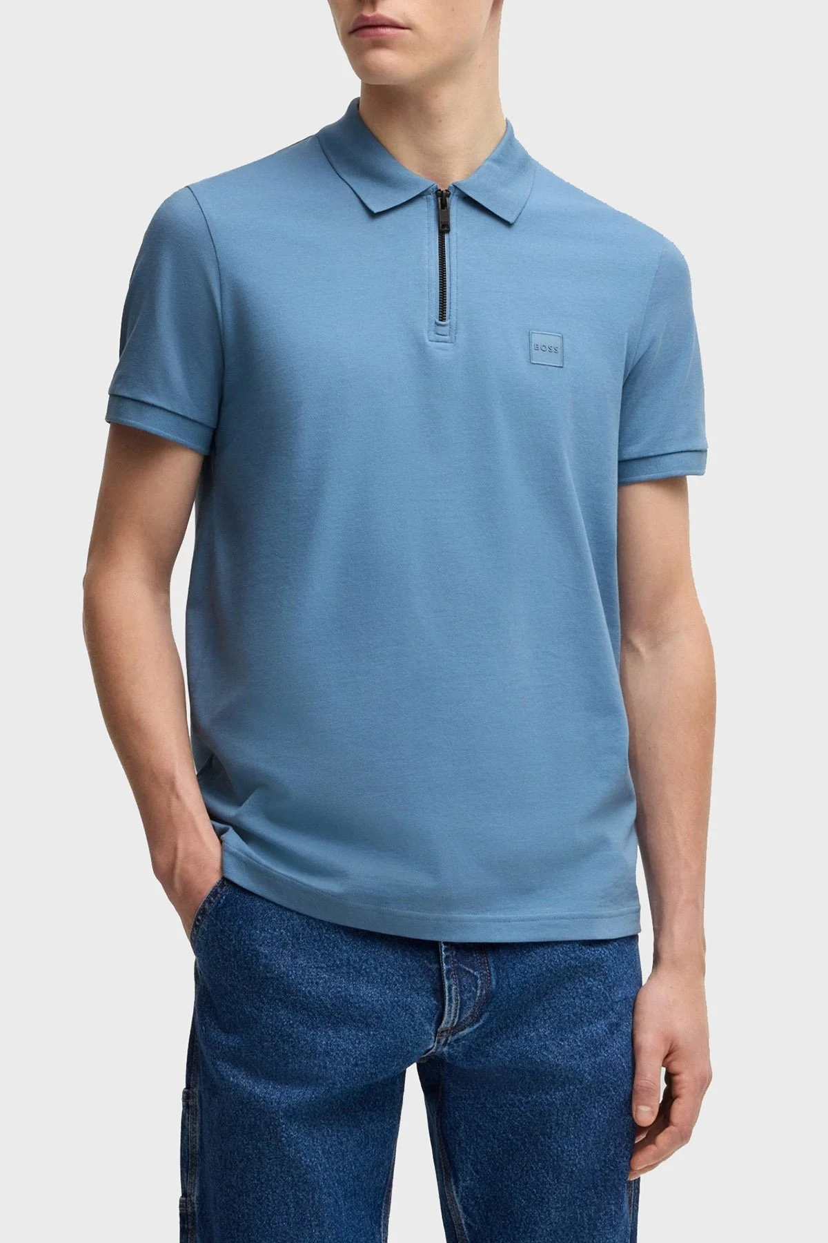 Boss Pamuklu Slim Fit Yarım Fermuarlı Erkek Polo Yaka T Shirt 50537507 462 MAVİ - 1