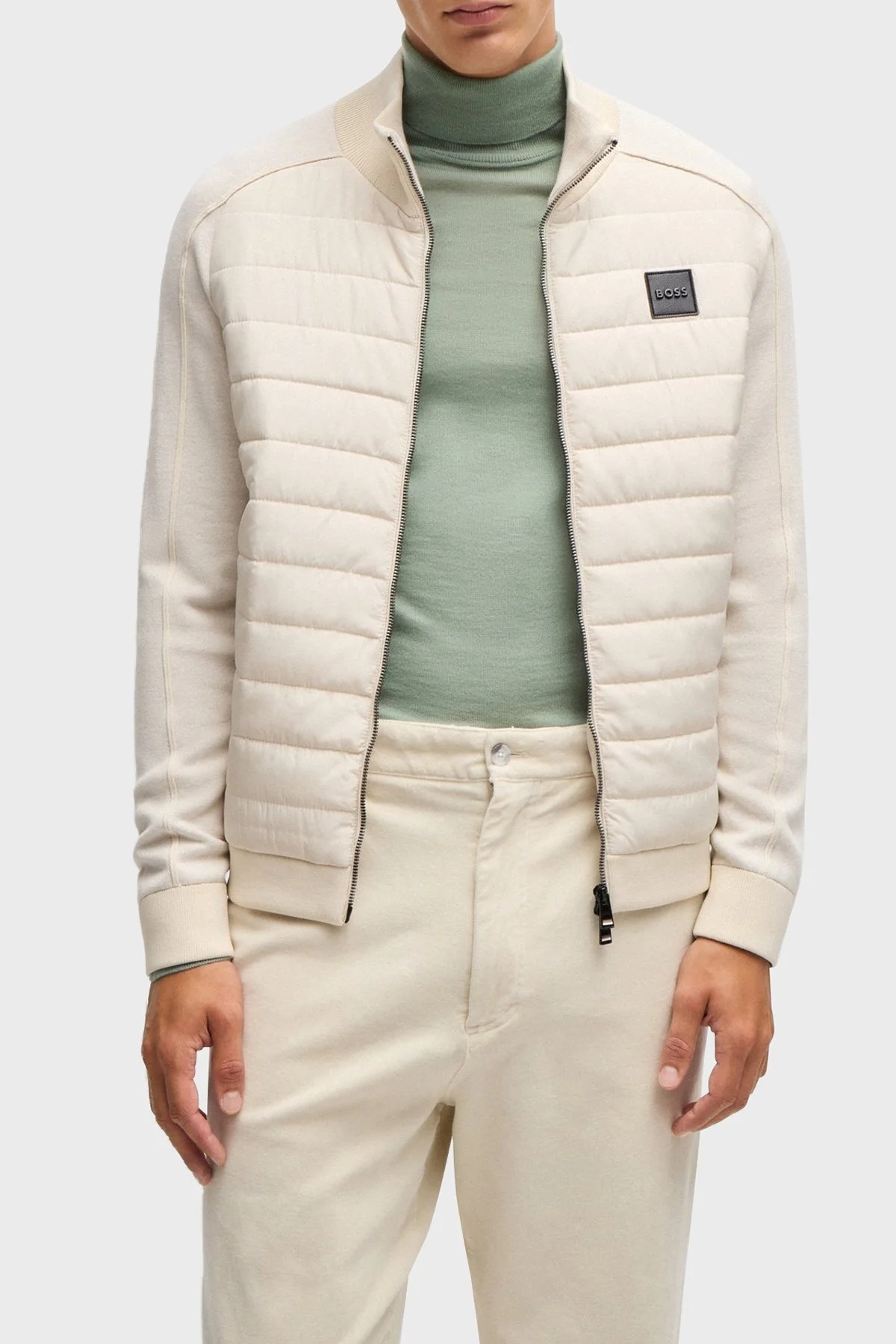 Boss Pamuklu ve Yünlü Slim Fit Dik Yaka Fermuarlı Erkek Ceket 50526835 131 EKRU - 1