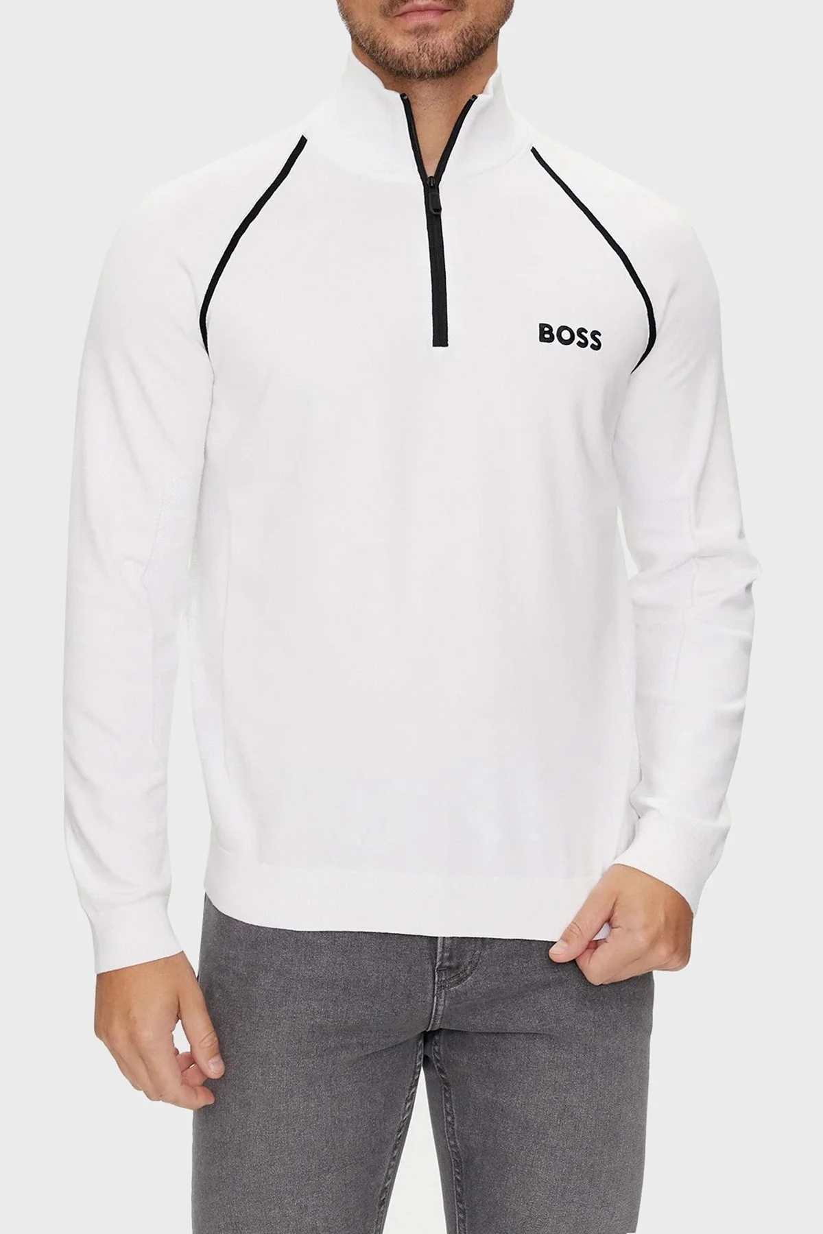 Boss Pamuklu Yarım Fermuarlı Dik Yaka Erkek Kazak 50519377 100 BEYAZ - 1