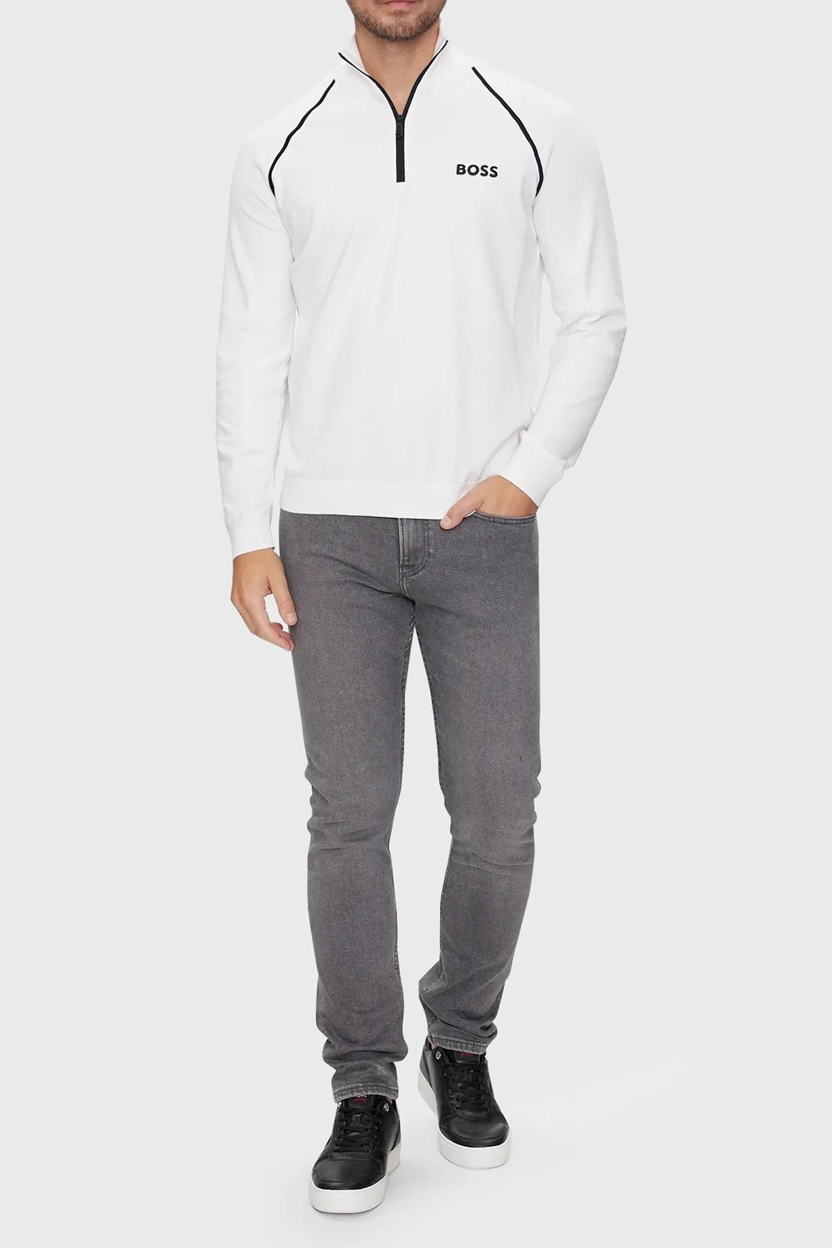 Boss Pamuklu Yarım Fermuarlı Dik Yaka Erkek Kazak 50519377 100 BEYAZ - 3
