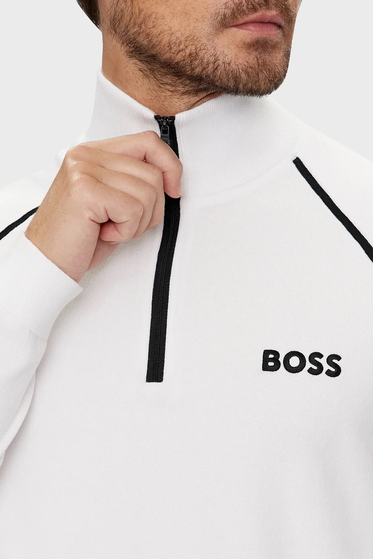 Boss Pamuklu Yarım Fermuarlı Dik Yaka Erkek Kazak 50519377 100 BEYAZ - 4