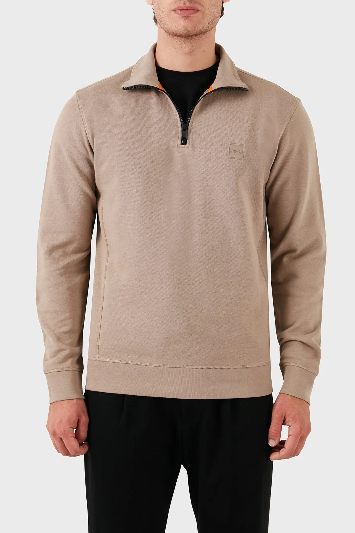 Boss Pamuklu Yarım Fermuarlı Dik Yaka Erkek Sweat 50468926 246 BEJ - 1