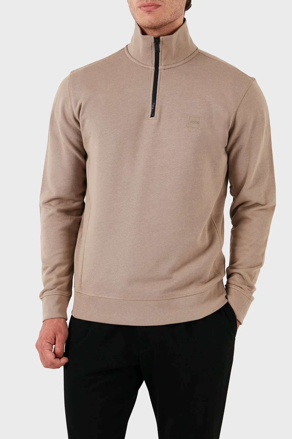 Boss Pamuklu Yarım Fermuarlı Dik Yaka Erkek Sweat 50468926 246 BEJ - 2