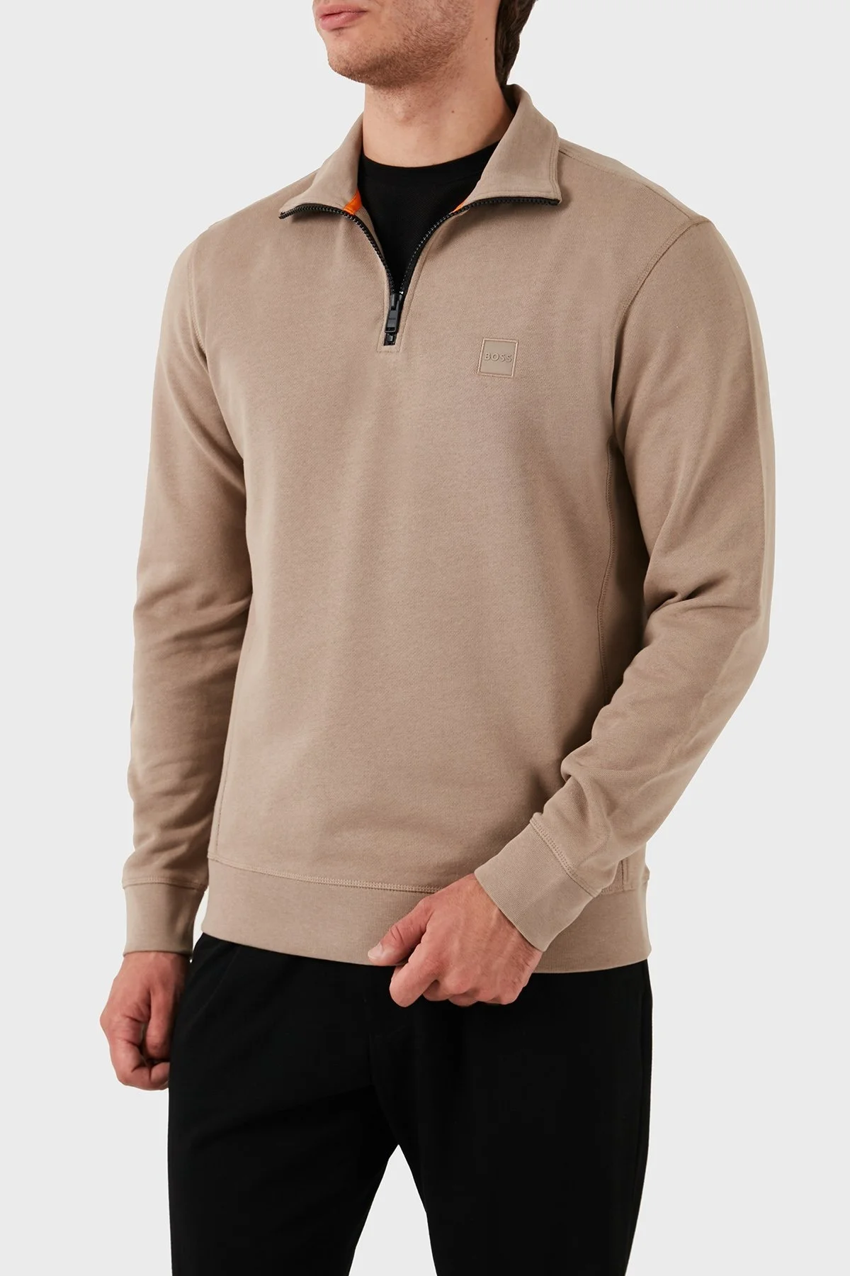 Boss Pamuklu Yarım Fermuarlı Dik Yaka Erkek Sweat 50468926 246 BEJ - 4