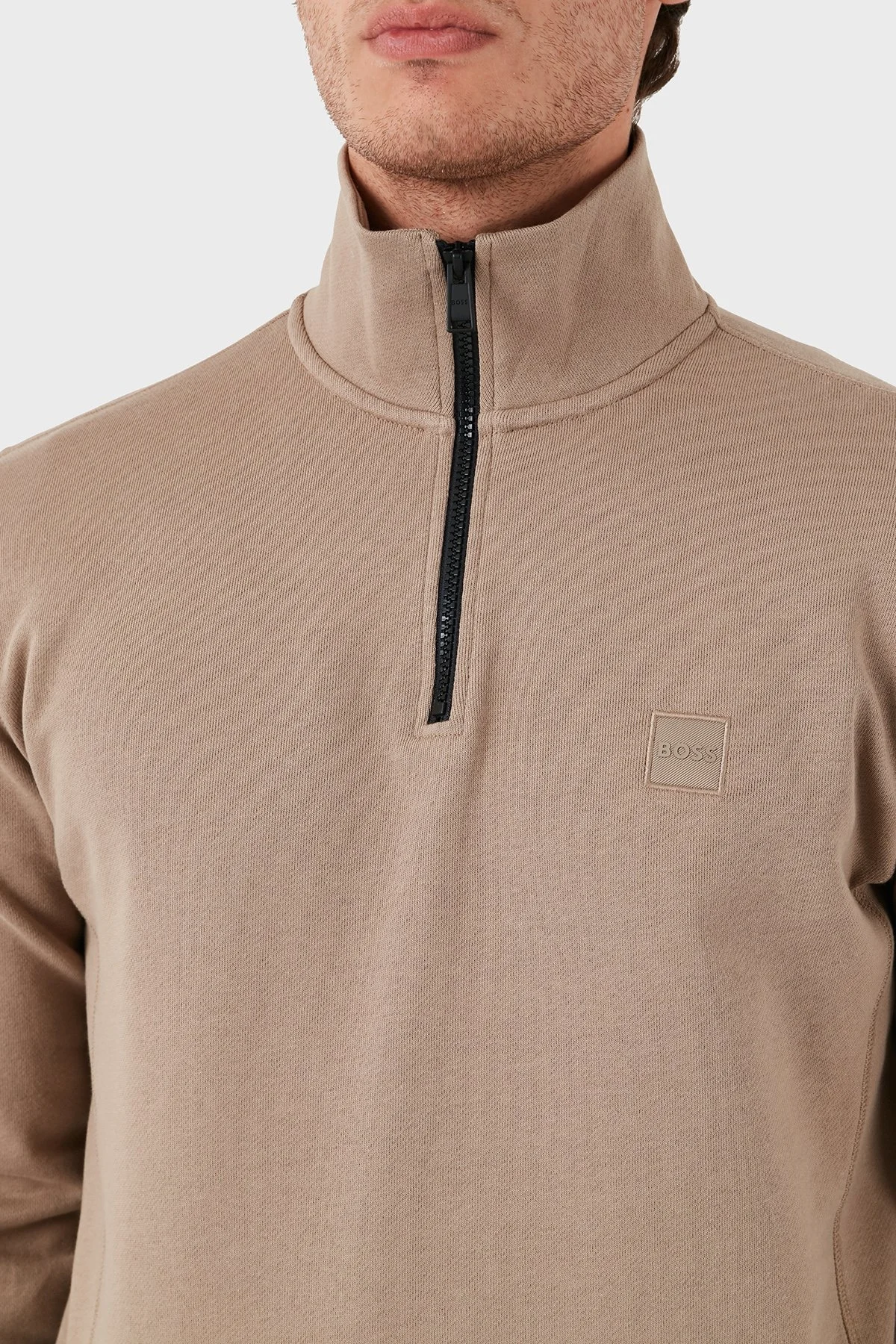 Boss Pamuklu Yarım Fermuarlı Dik Yaka Erkek Sweat 50468926 246 BEJ - 6
