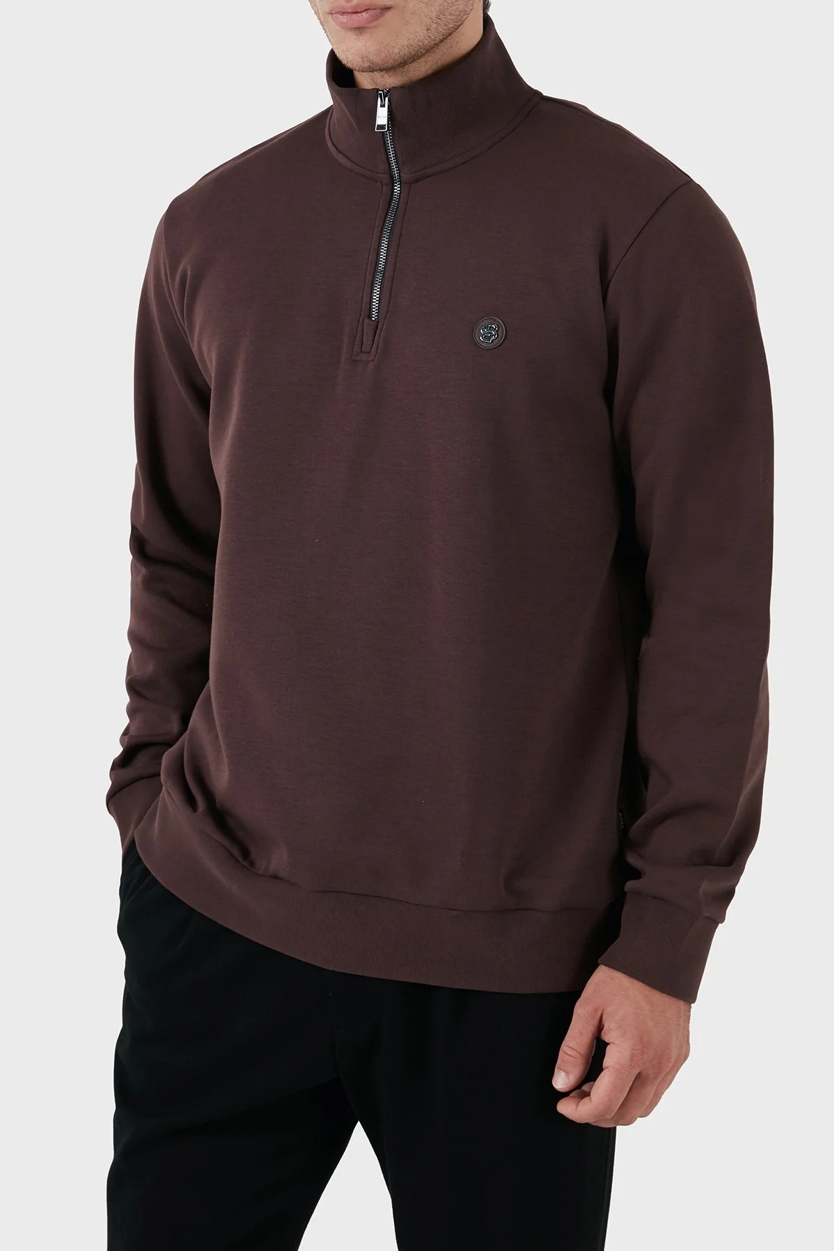 Boss Pamuklu Yarım Fermuarlı Dik Yaka Erkek Sweat 50520781 642 KAHVE - 1