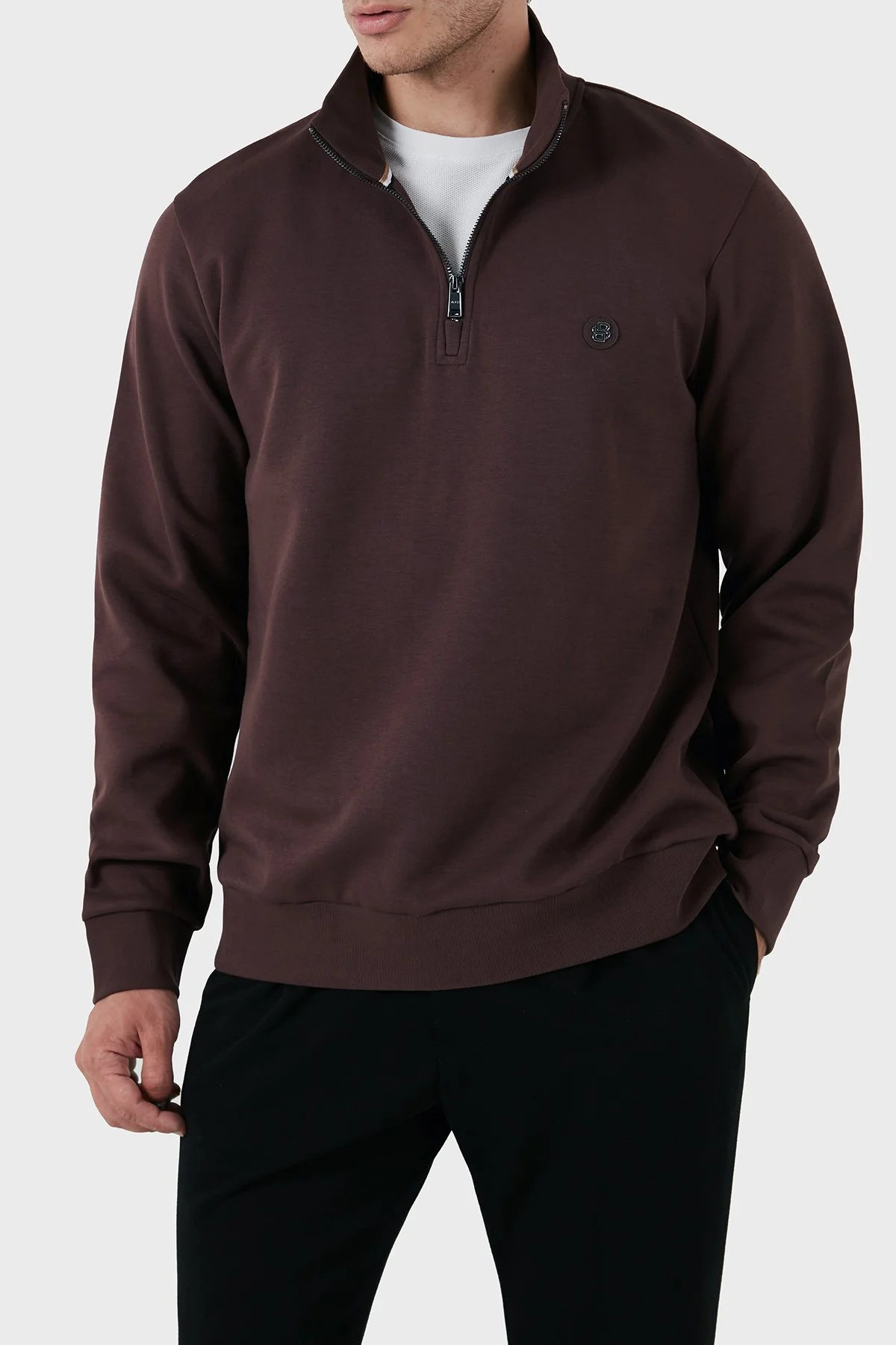 Boss Pamuklu Yarım Fermuarlı Dik Yaka Erkek Sweat 50520781 642 KAHVE - 4