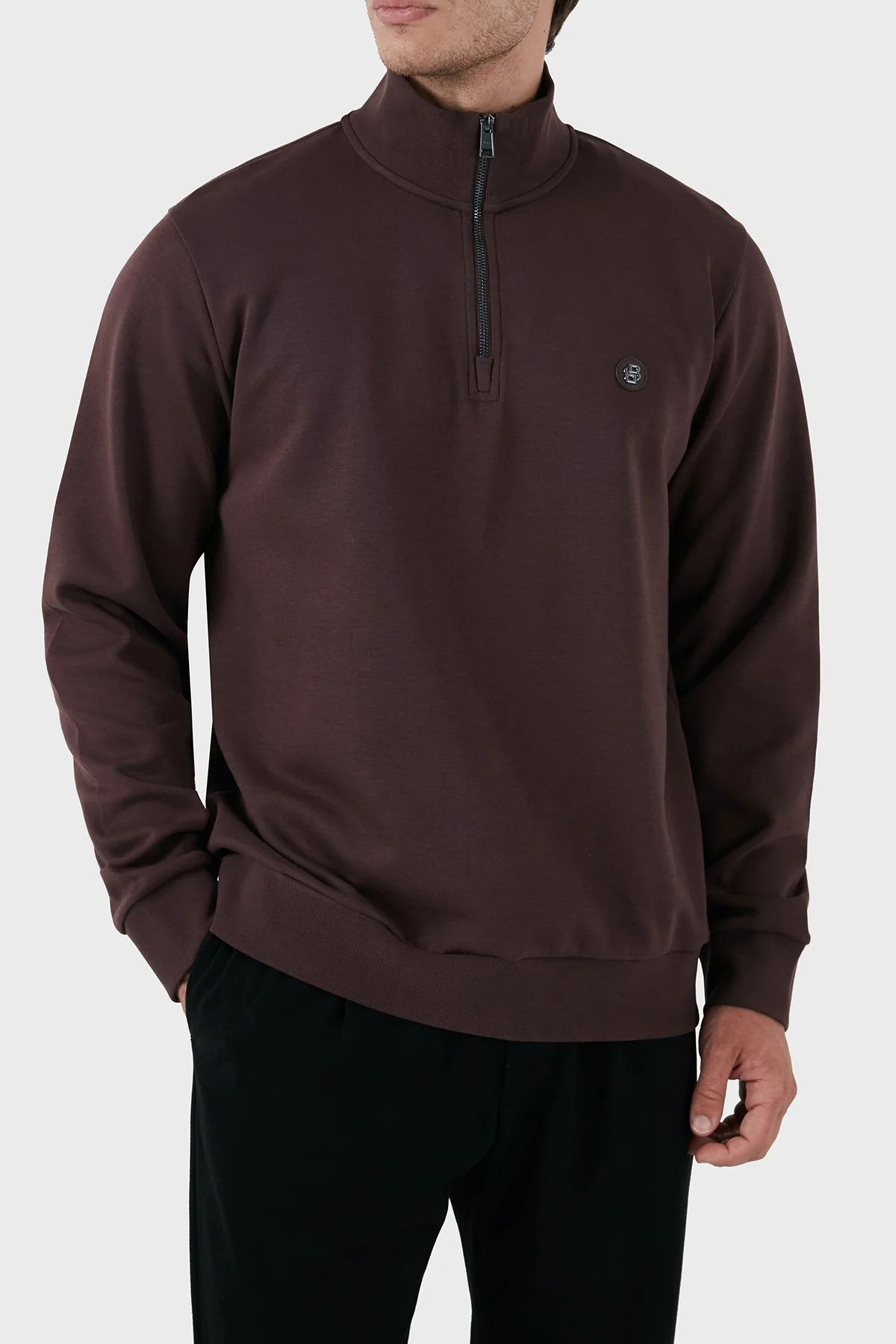 Boss Pamuklu Yarım Fermuarlı Dik Yaka Erkek Sweat 50520781 642 KAHVE - 5