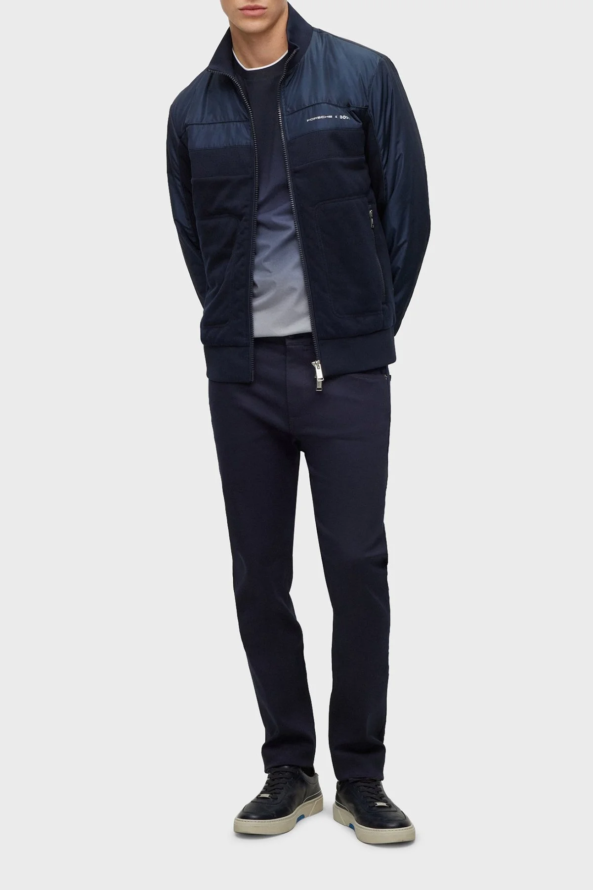 Boss Porsche Baskılı Streç Pamuklu Regular Fit Bisiklet Yaka Erkek T Shirt 50486234 404 LACİVERT - 2