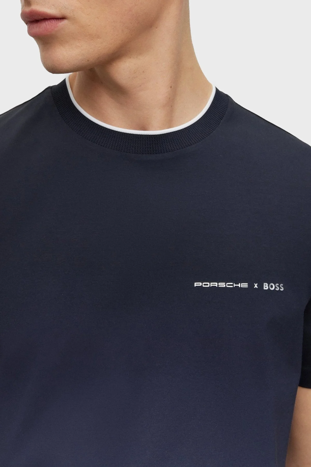 Boss Porsche Baskılı Streç Pamuklu Regular Fit Bisiklet Yaka Erkek T Shirt 50486234 404 LACİVERT - 4